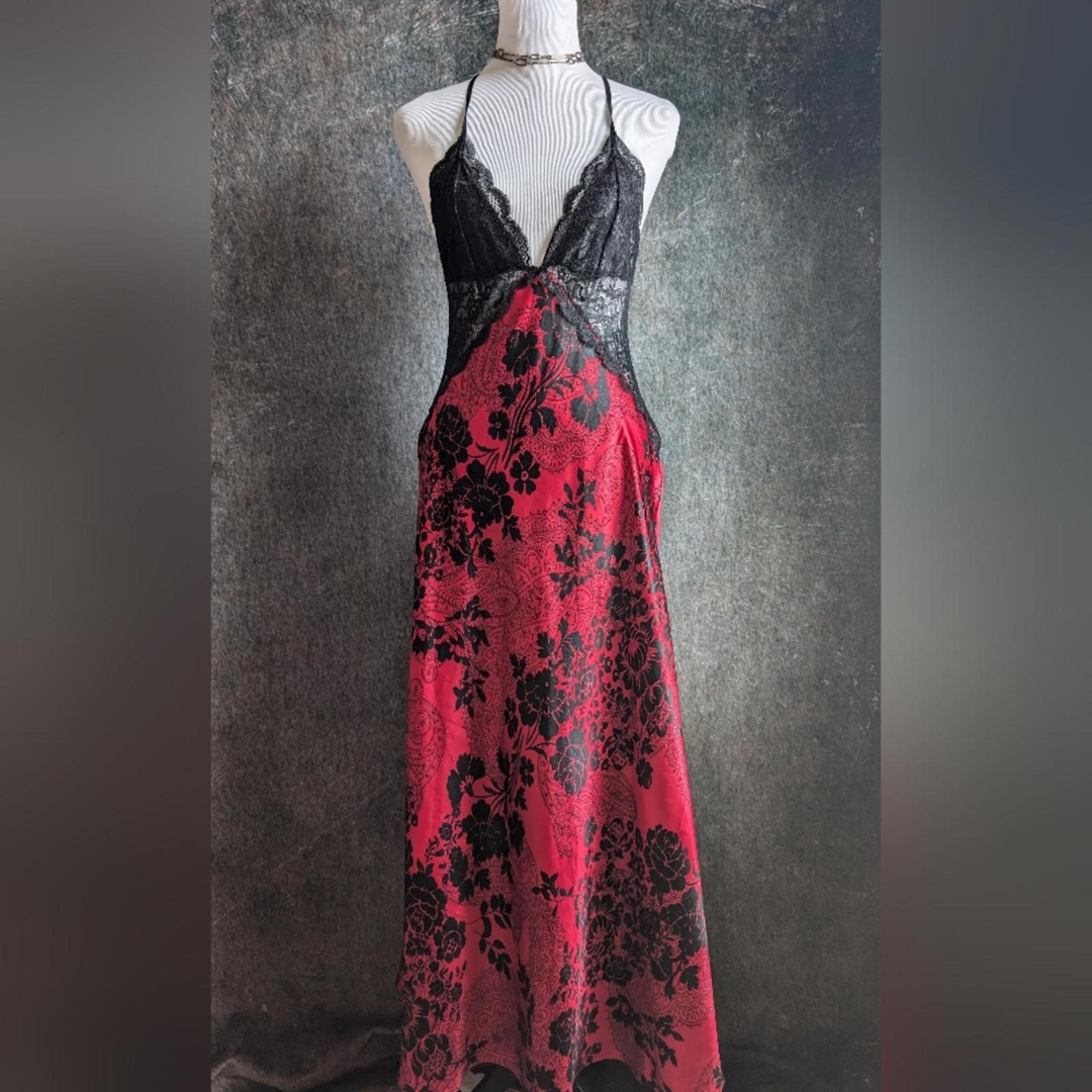 In Bloom Jonquil Red Satin Black Lace Slip Dress Gown