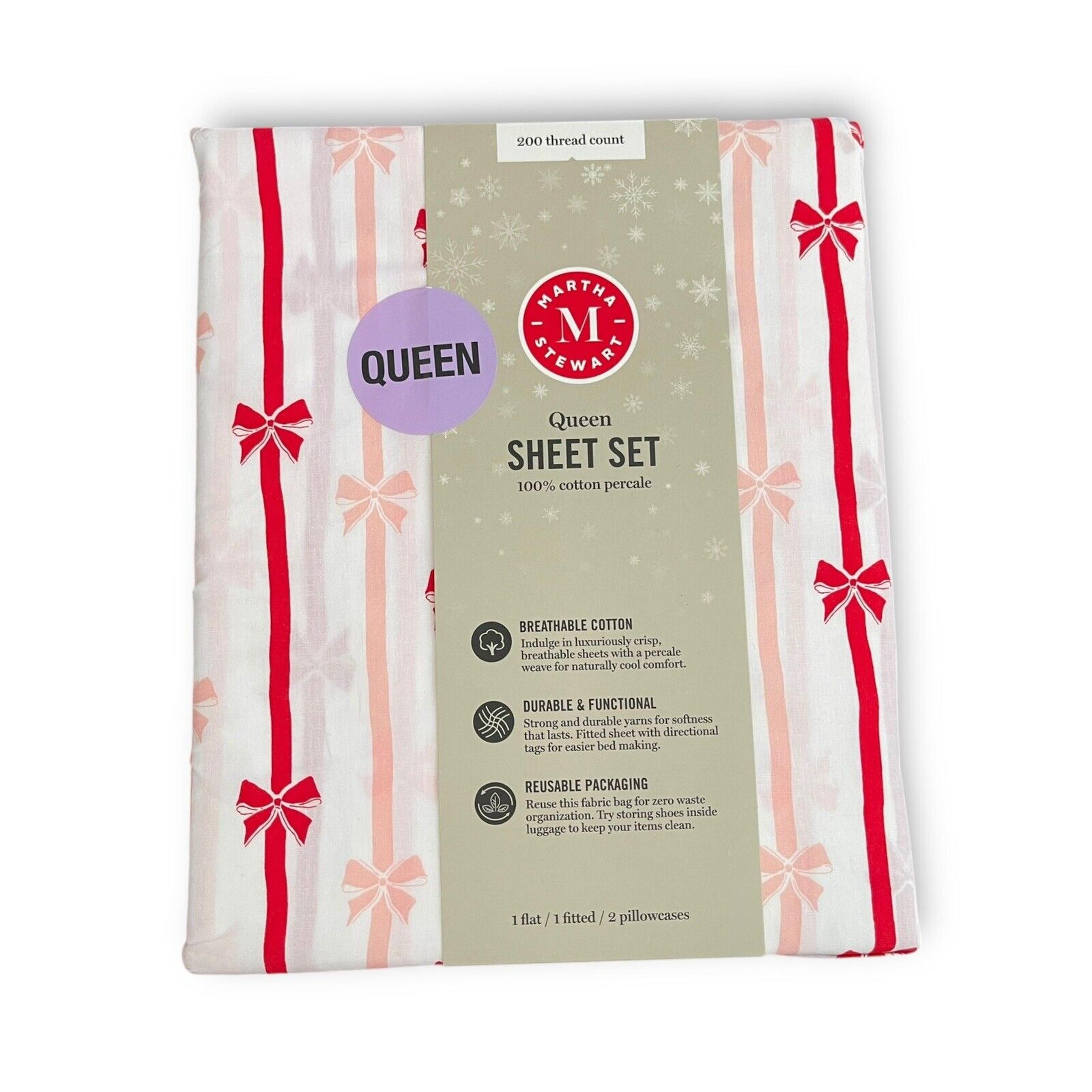 Martha Stewart 4pc 100% Cotton Percale Queen Sheet Set Christmas Bows Ribbons