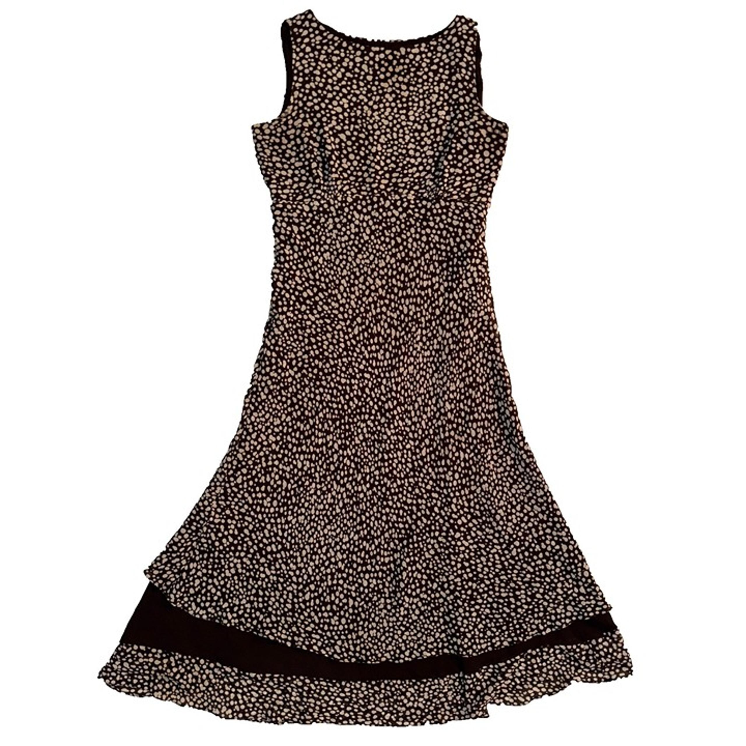 Cynthia Howie Brown & Polka Dot Print 100% Silk Flared Sleeveless Midi Dress 14