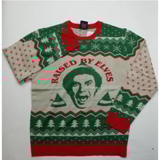 Bioworld ELF Raised By Elves Ugly Christmas Sweater Knit Pullover, medium
