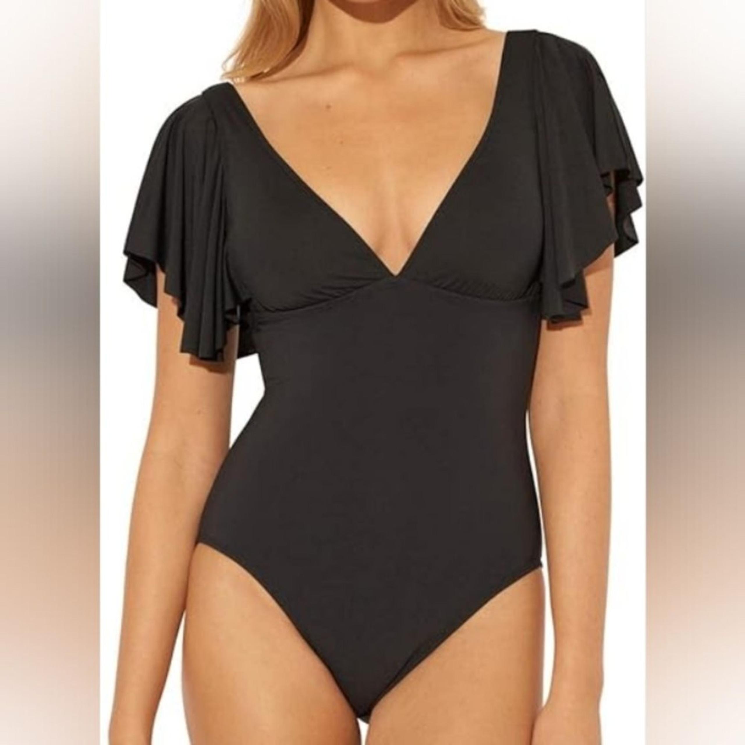 Elegant Black One Piece Swimsuit Flutter  Deep Vneck Coastal Fairy Luxury Large