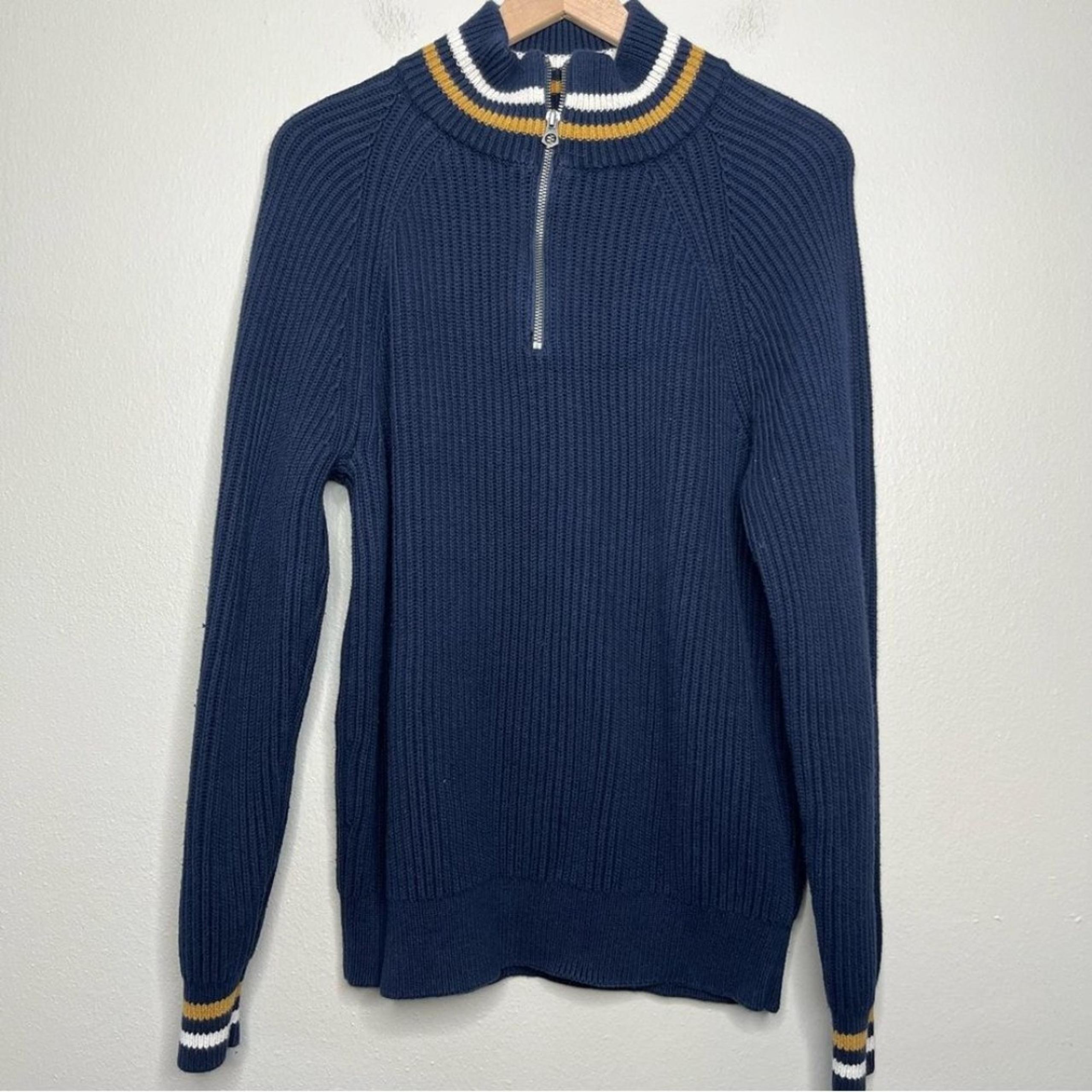 J. Crew Men Sweater Large Rib Knit Quarter Zip Cotton Navy Blue White Tan