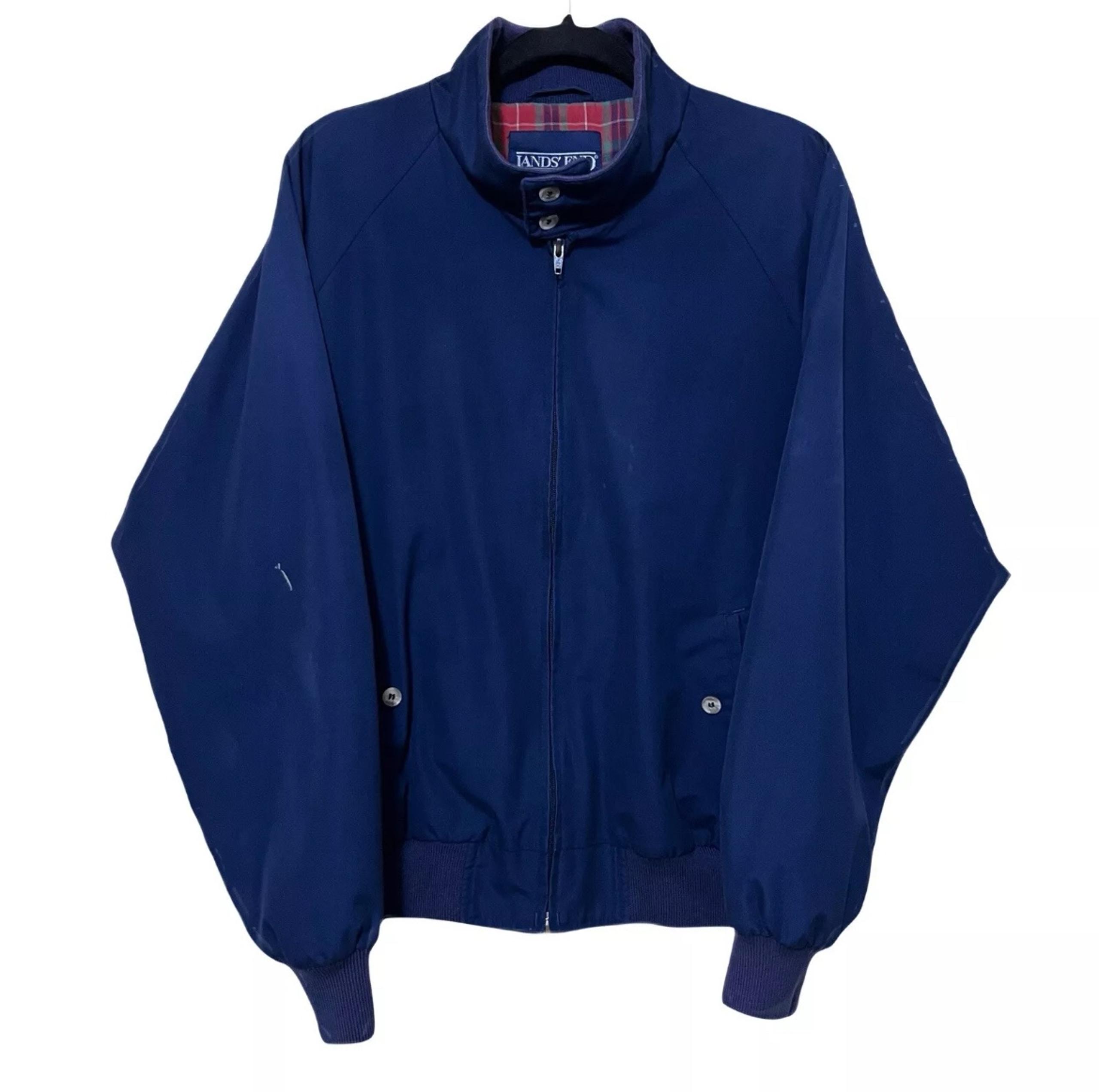 Vintage Lands’ End Softshell Bomber Jacket Men’s L Navy Full Zip Plaid Lining