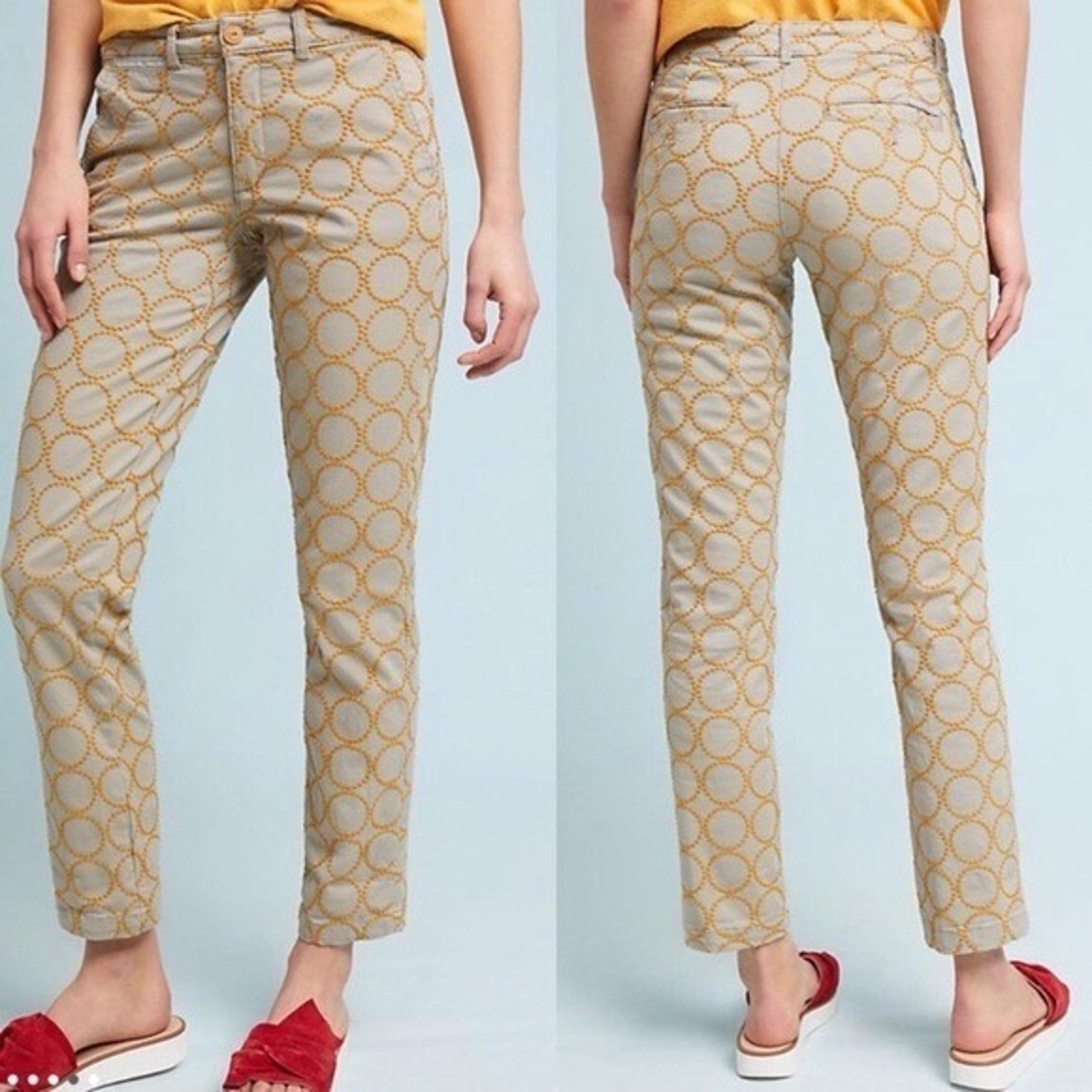CHINO By Anthropologie Relaxed Pants Khaki Beige Gold Circle Embroidered Size 26