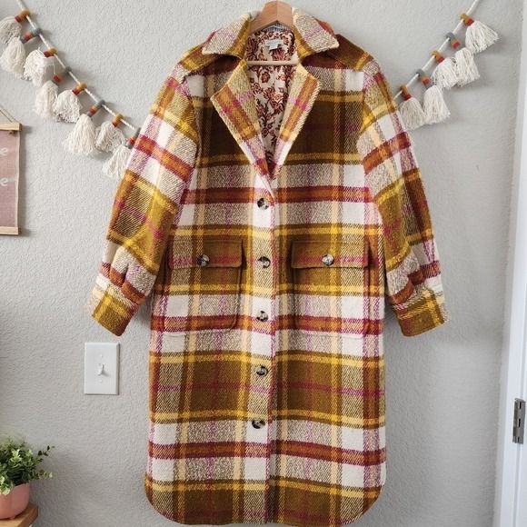 Sundance Doran Plaid Wool Button Down Longline Coat Blazer Minimalist Boho XS
