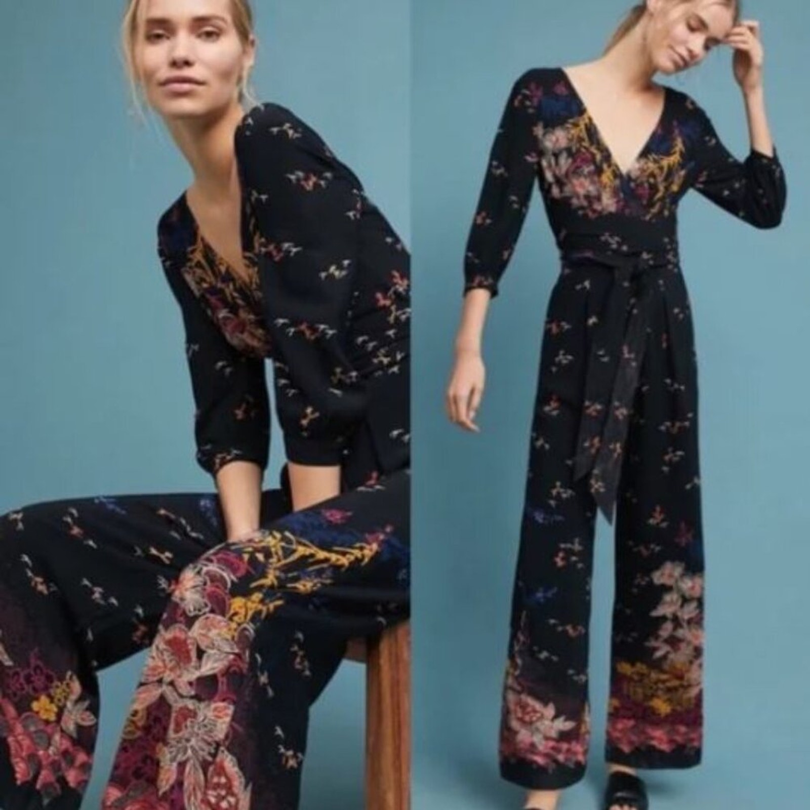 ANTHROPOLOGIE Feather and Bone Nara Floral Jumpsuit Wide Straight Leg Size 2