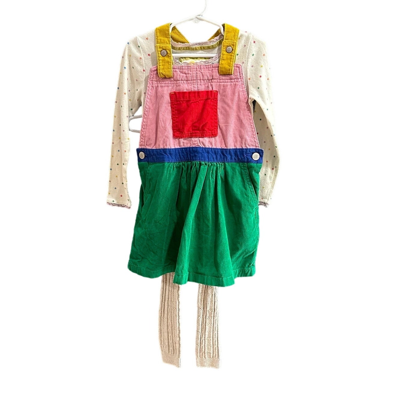 Mini Boden 3 Piece Outfit Pinafore Pointelle Shirt Knit Tights Size 5-6Y 116cm