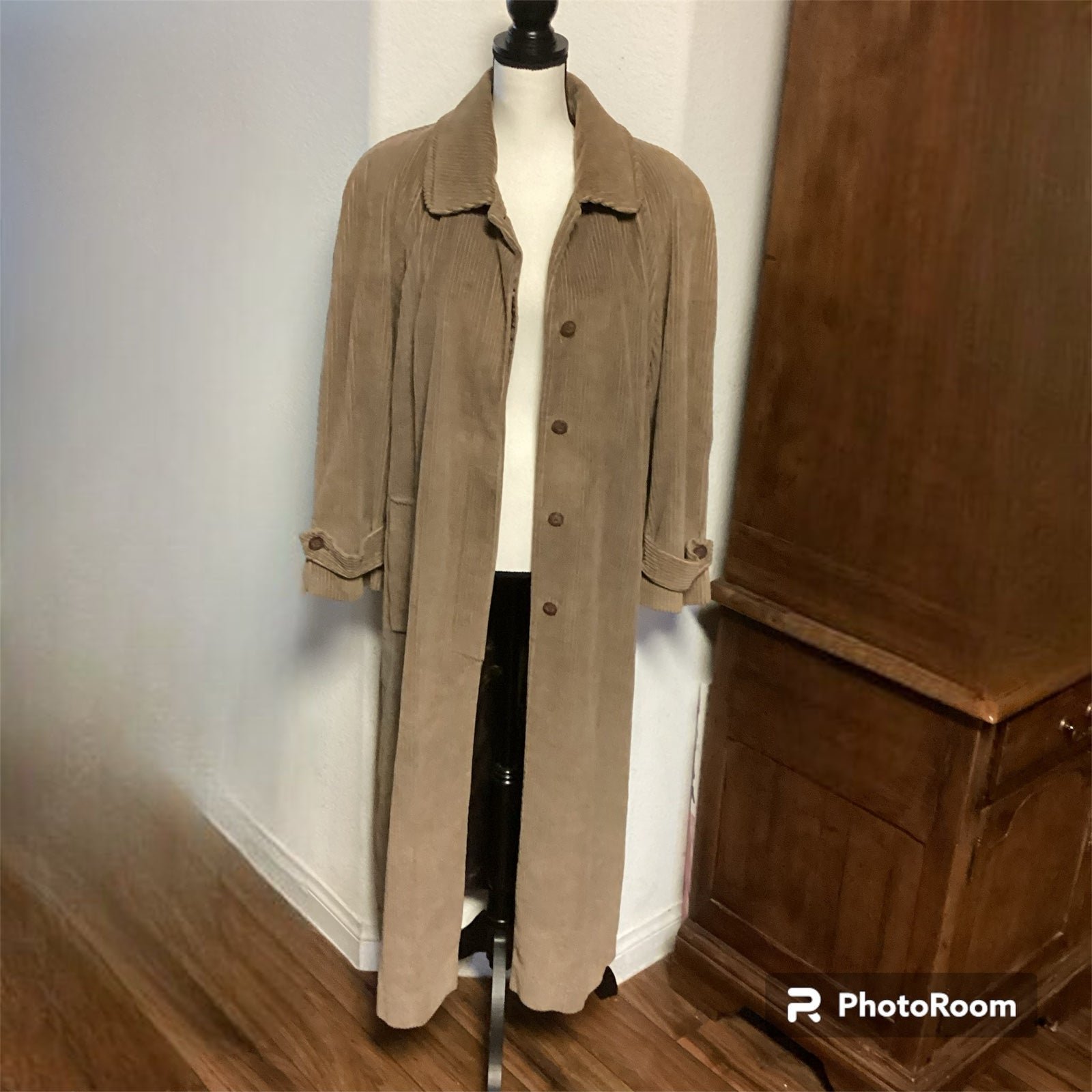 Vintage JH Collectibles Women Long Corduroy Trench Coat Tan S12