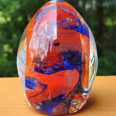 Pretty Handblown Tony DePalma Signed TD Orange & Blue Swirl Glass Paperweight