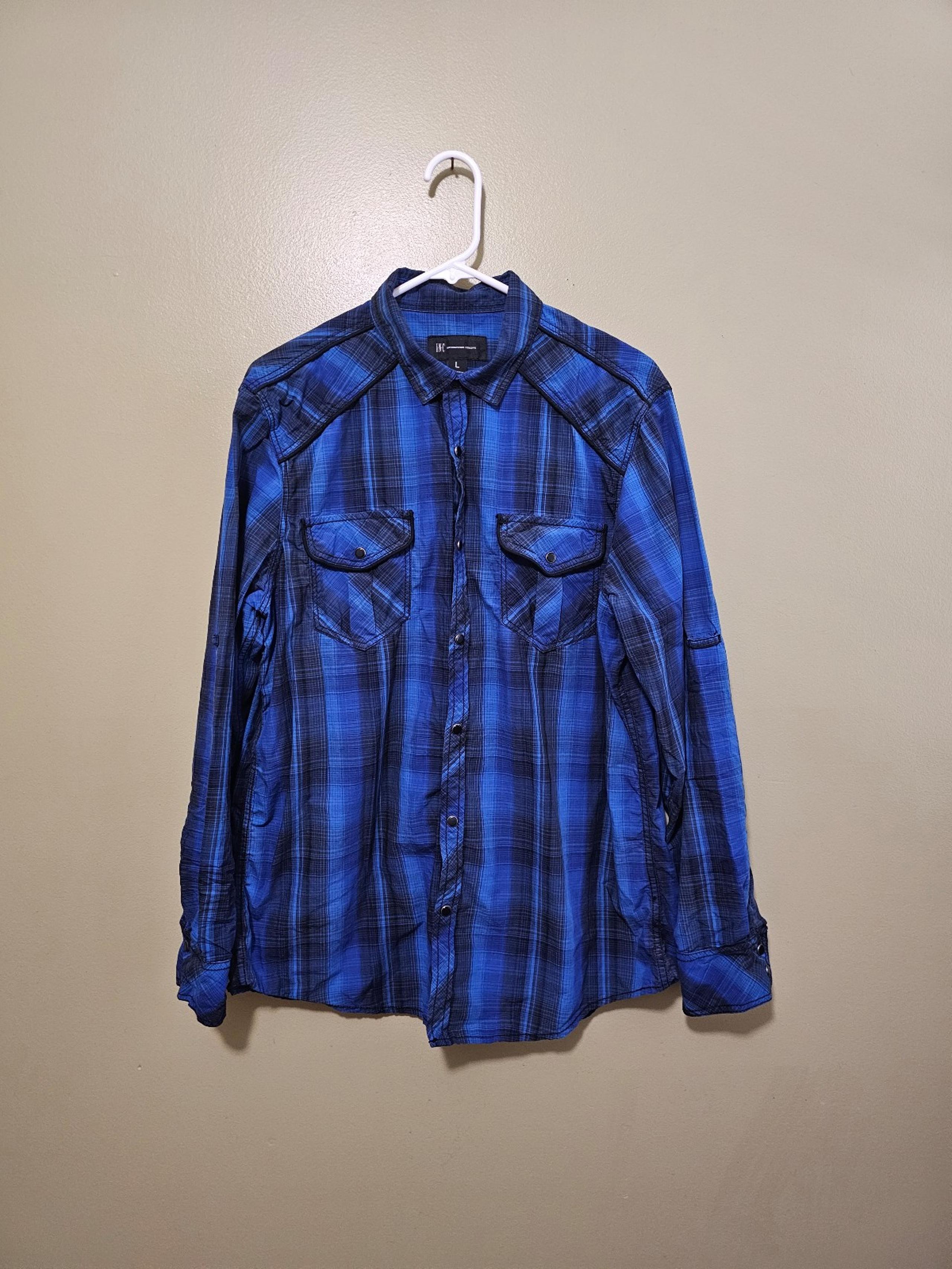 INC Men's Blue Plaid Snap Button Long Sleeve Shirt Size Large - NWOT