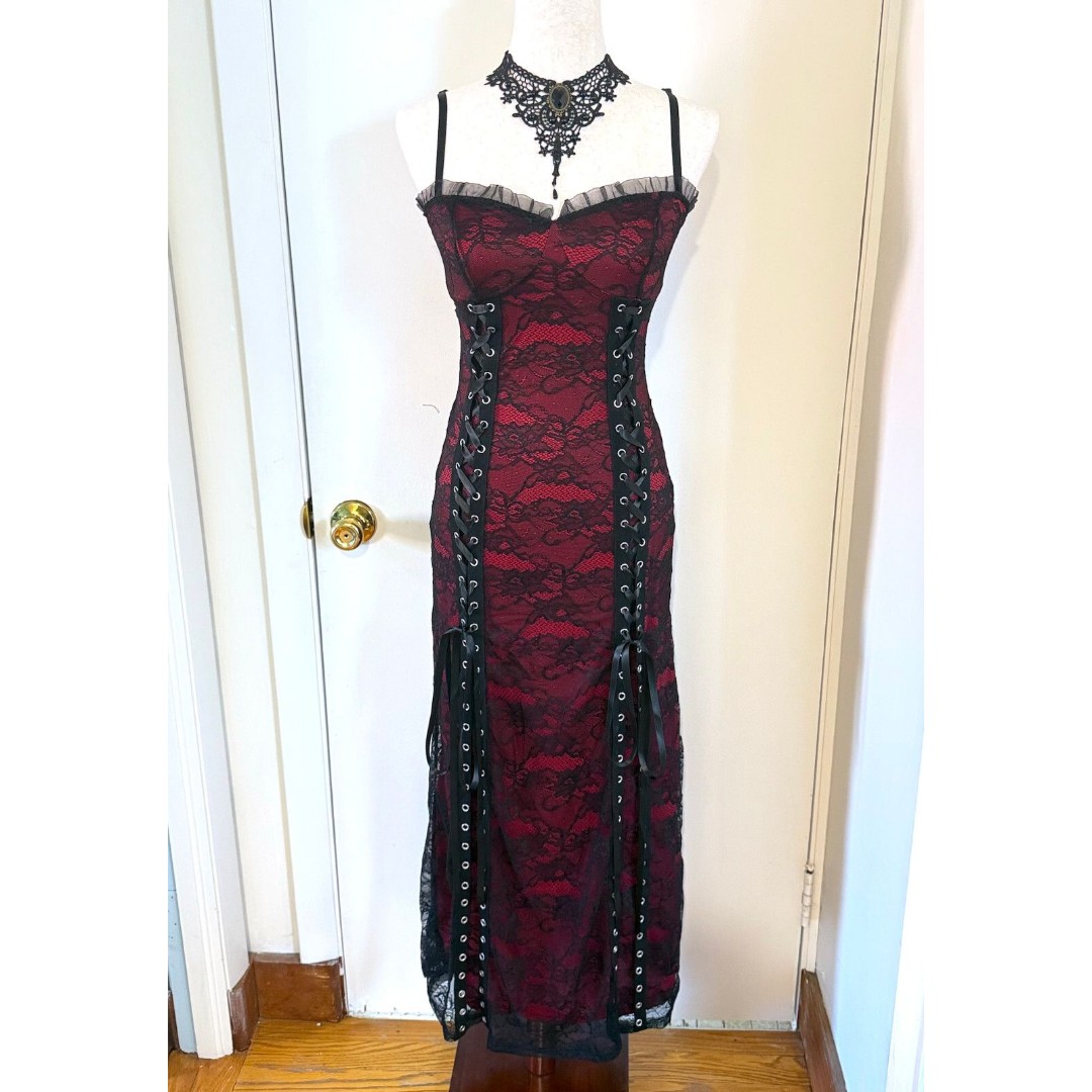 Gothic Victorian Vampire Lace Me Up Red Black Lace Over Long Gown Dress M