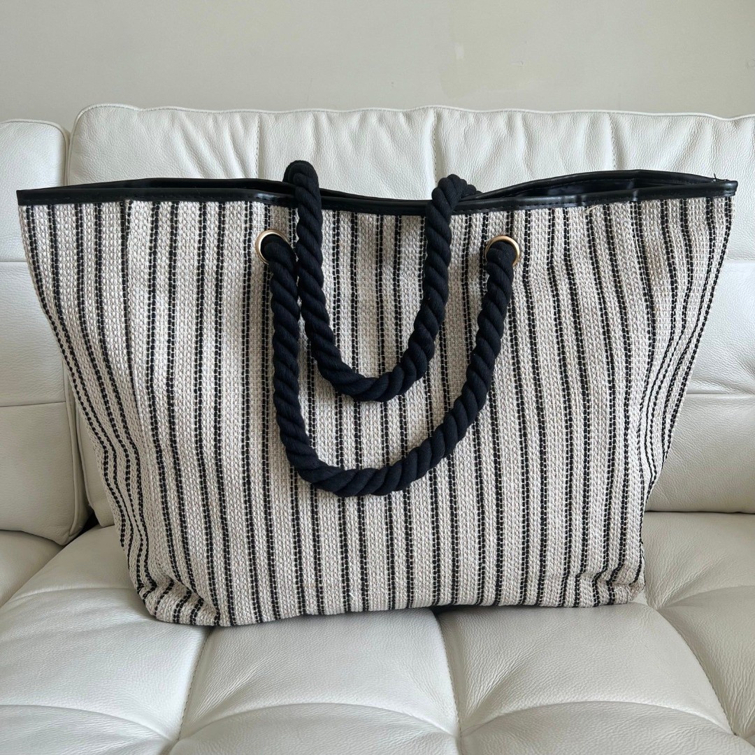 Lancôme Beachy / Nautical Striped Tote Bag with Black Rope Handles