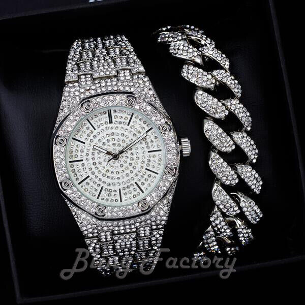 HIP HOP SILVER PLATED LUXURY WATCH & FULL ICED CUBIC ZIRCONIA CUBAN BRACELET SET