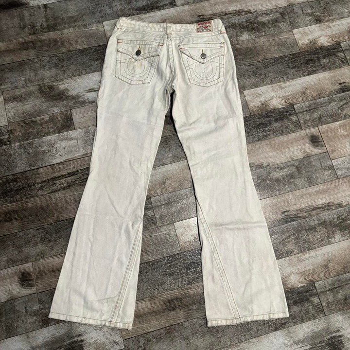 Vintage Y2K White True Religion Flap Tab Pocket Flared BellBottom Jeans Size 32