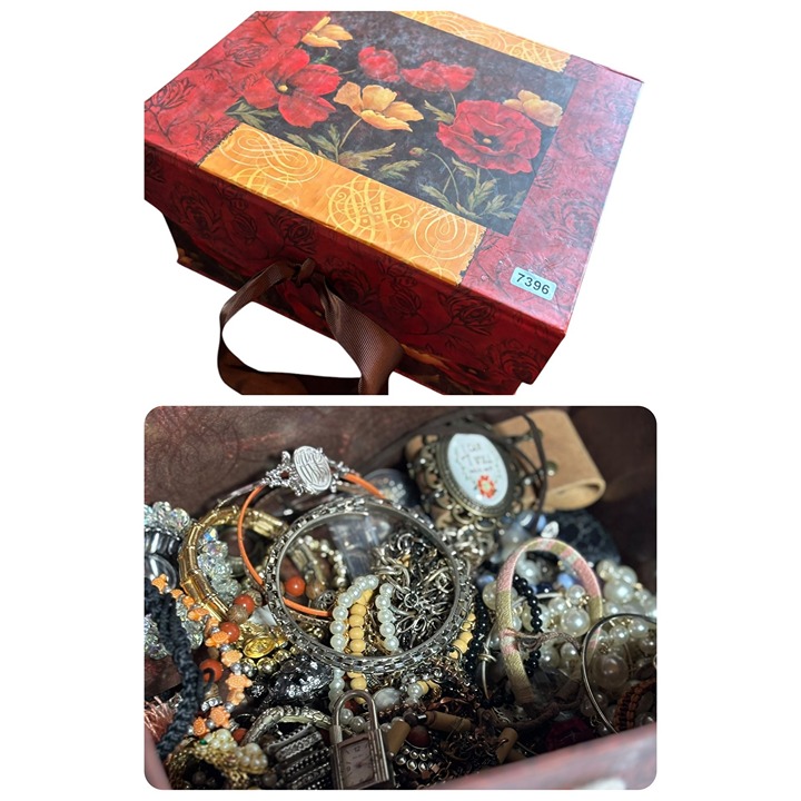 Jewelry Box With Assorted Costume Jewelry - Red & Yellow Floral Design With Bro