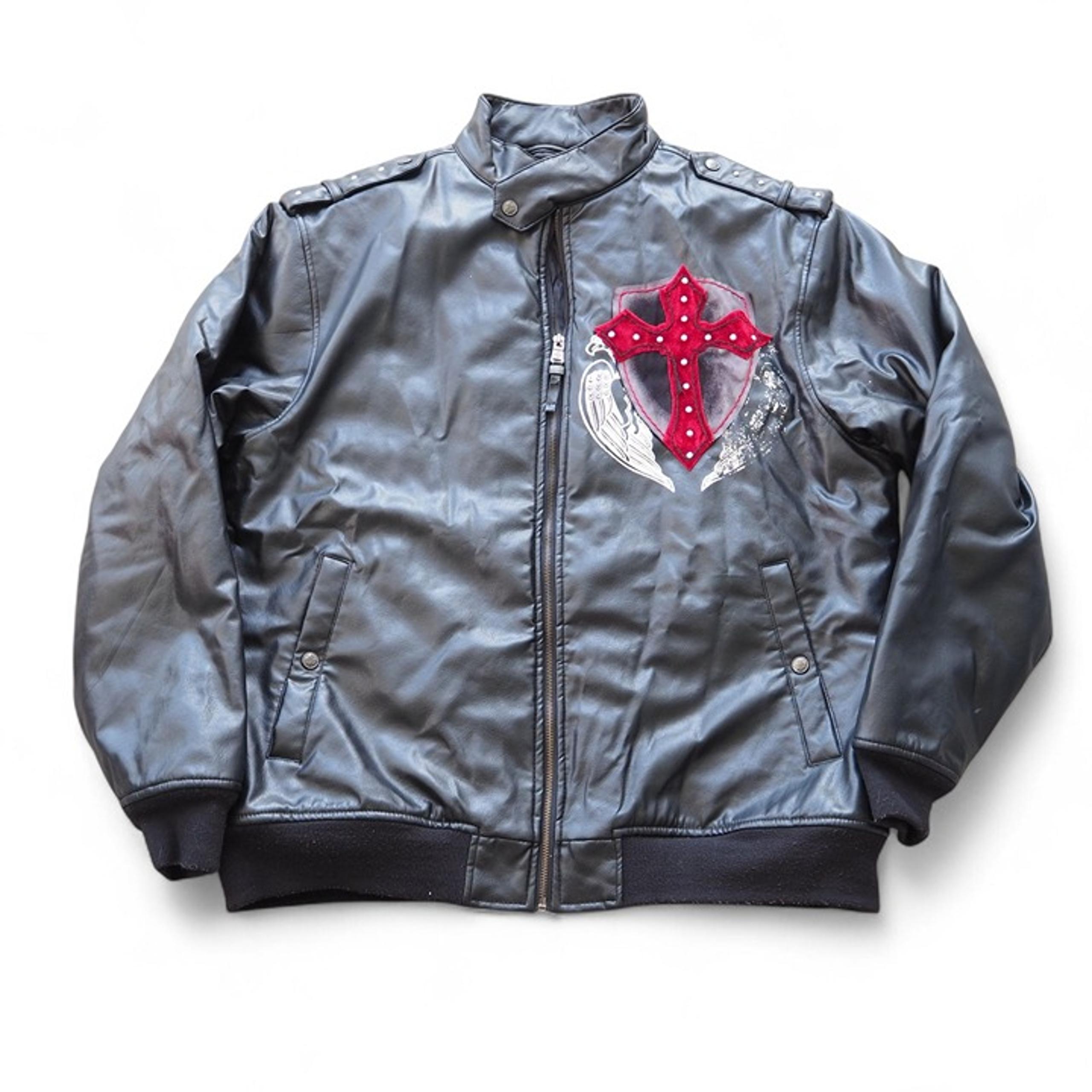 Raw Blue Vintage Y2K "Royal Dignity- Cross" Faux Leather Bomber Jacket Men's XL
