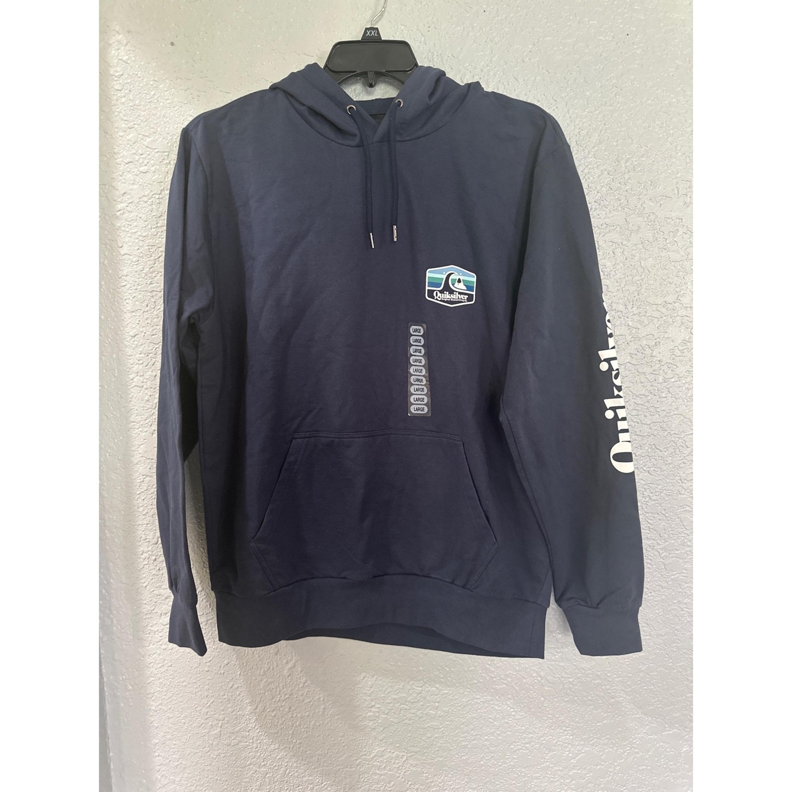 Quiksilver Hoodie Pullover Surf Skate Graphic Logo Navy Blue Mens Large
