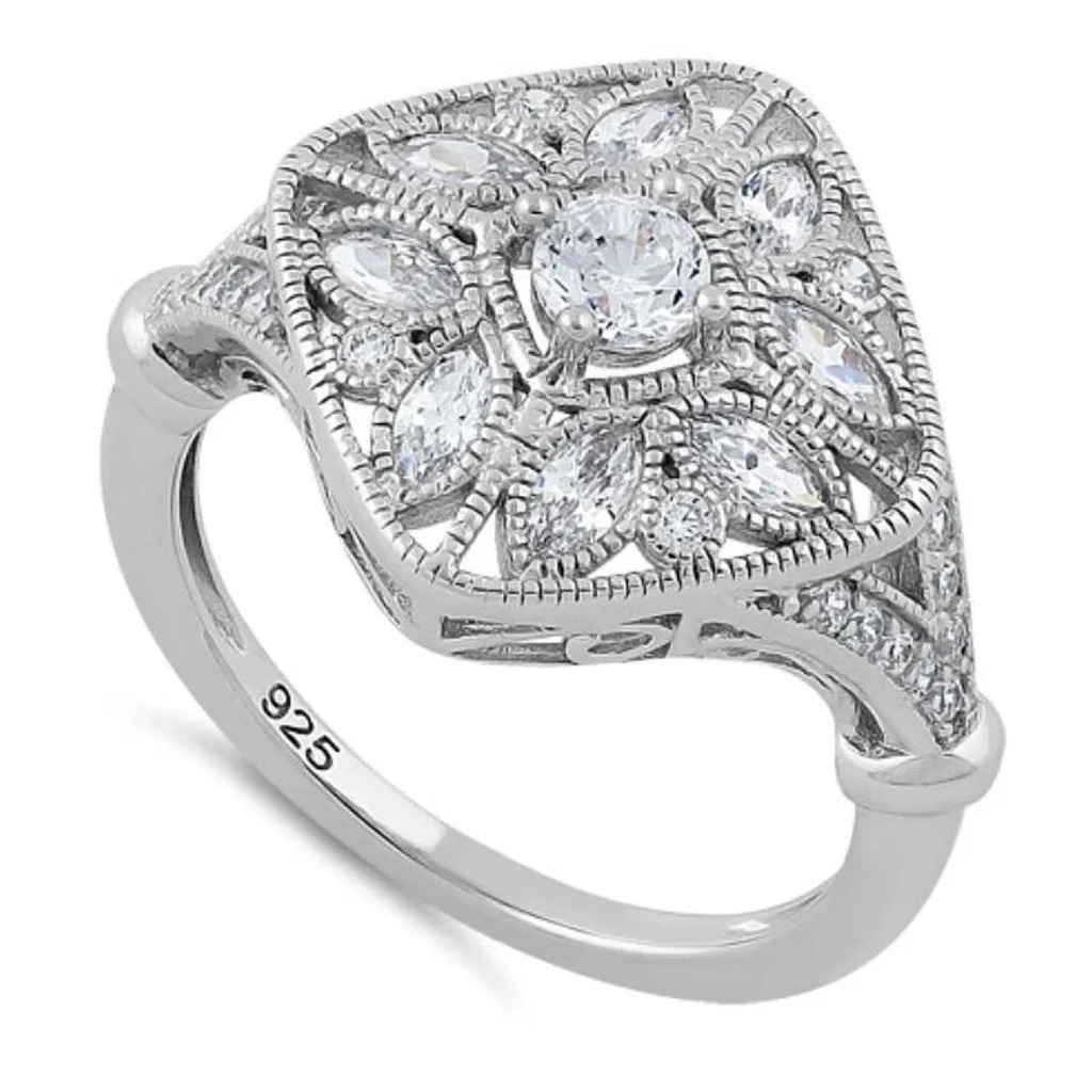 Size 5, 925 STERLING SILVER Antique Style Blooming Flower Cubic Zirconia Ring