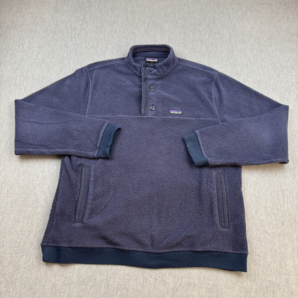 Patagonia Sweater Mens Large Blue Pile Shearling Button Pullover Fleece 26140