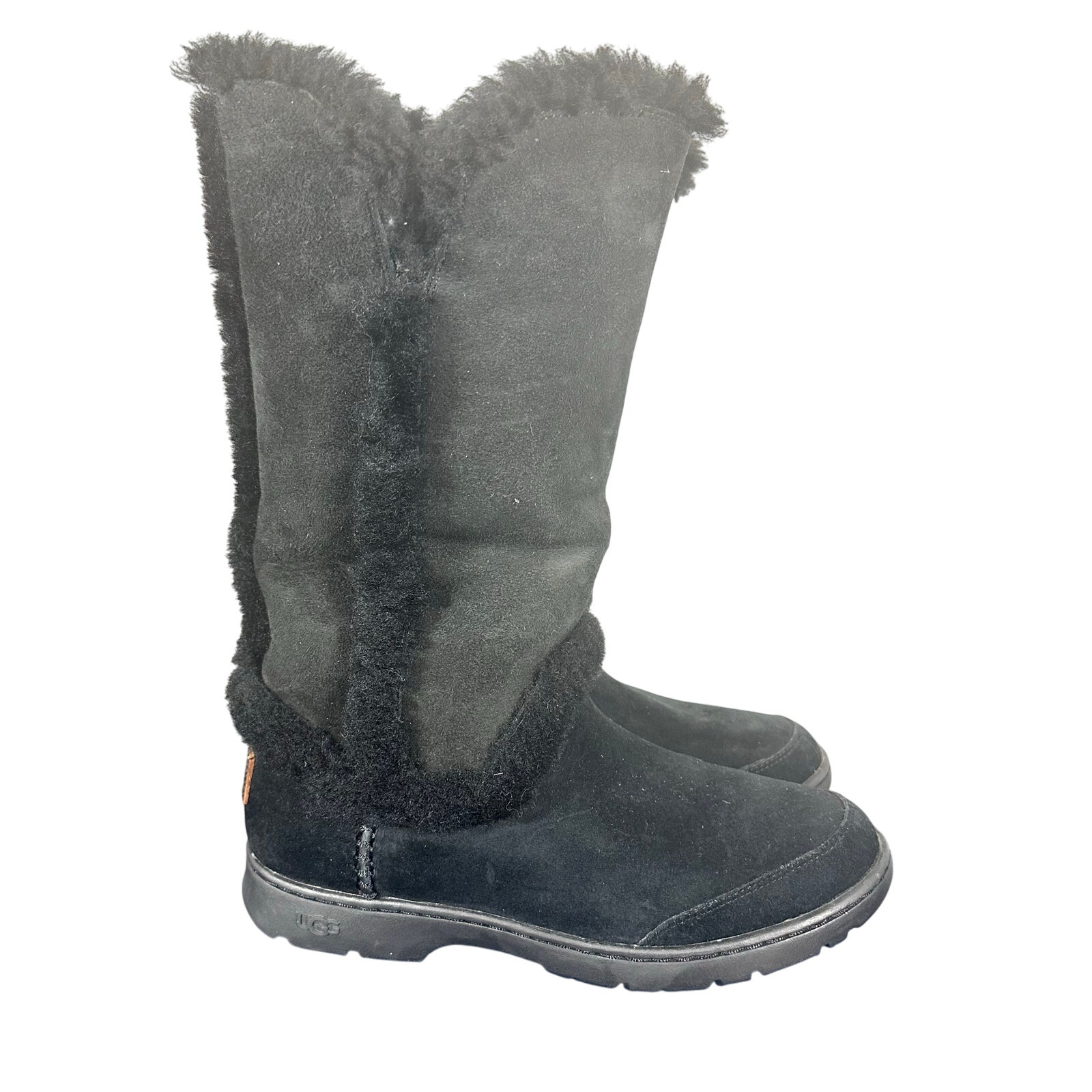 UGG Kayla Shearling Tall Boots S/N 1008 Sz 8 Black Suede Fur-Lined Winter Warm