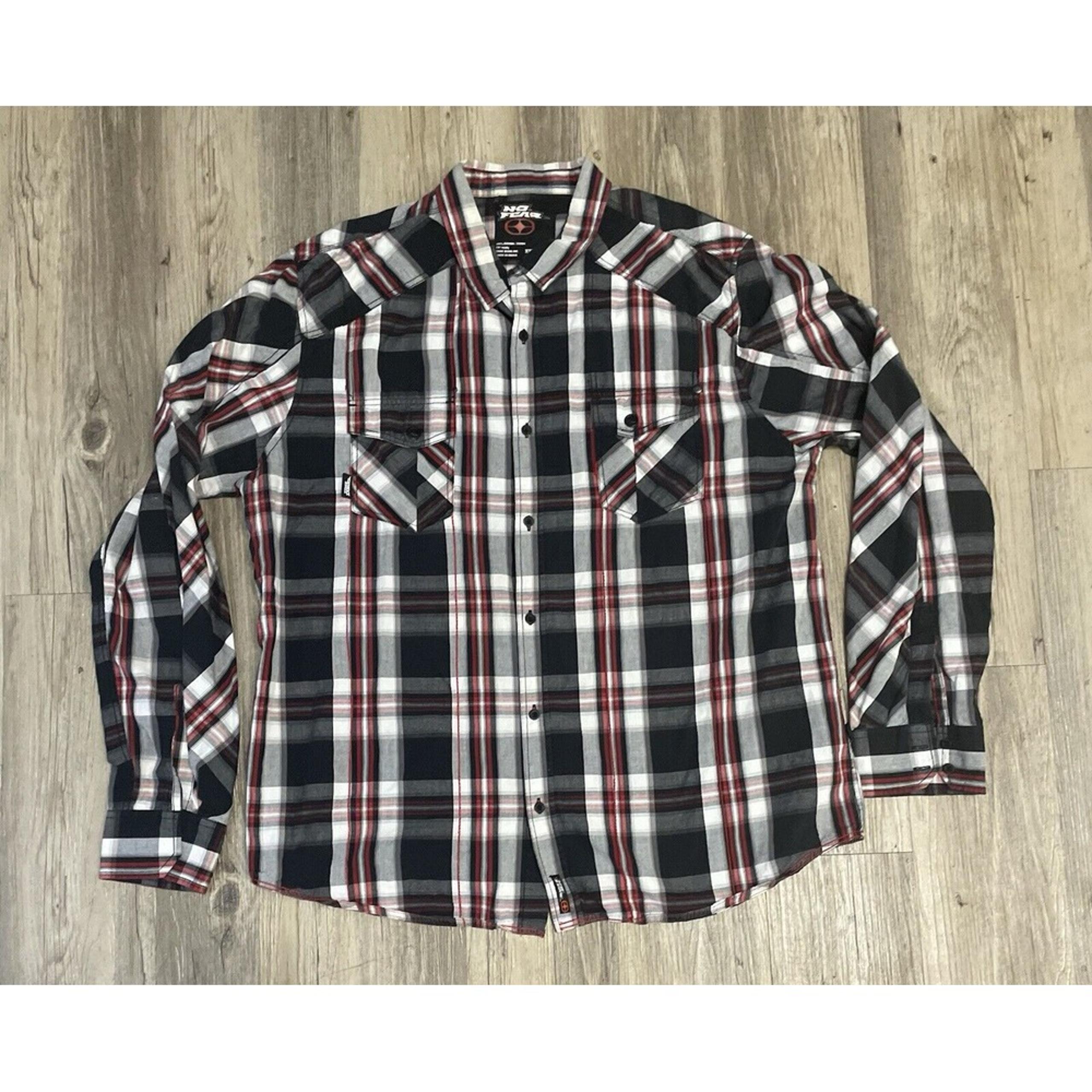 Vintage No Fear 90s Mens Sz L Medium Flannel Shirt Blue Plaid Pockets