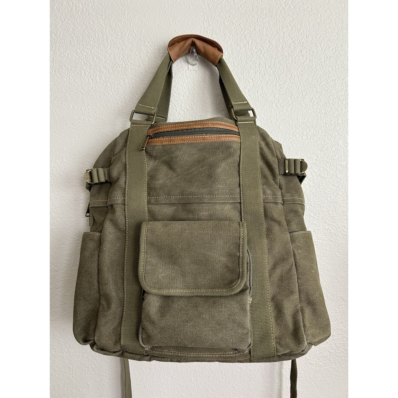 Cargoit Large Green Canvas Pack Pack With Top Handle Multi Pockets