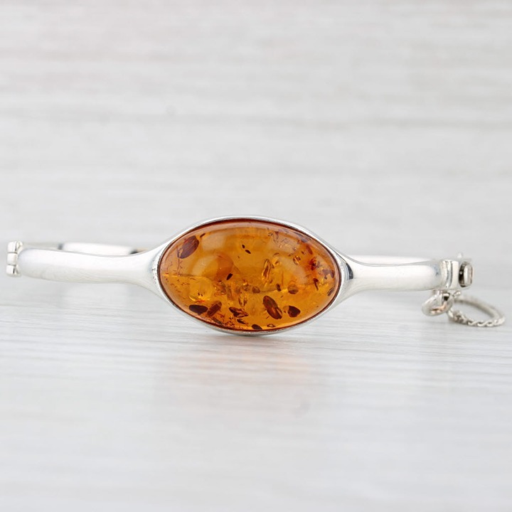 Amber Cabochon Solitaire Bangle Bracelet Sterling Silver 7