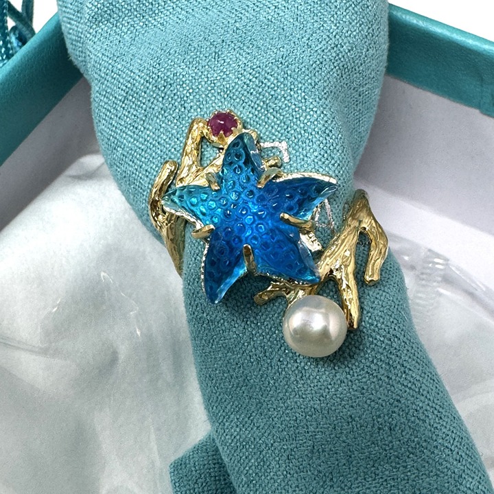 Tagliamonte 18K Gold Plated Starfish Ring W/ Blue Venetian Glass Pearl & Ruby