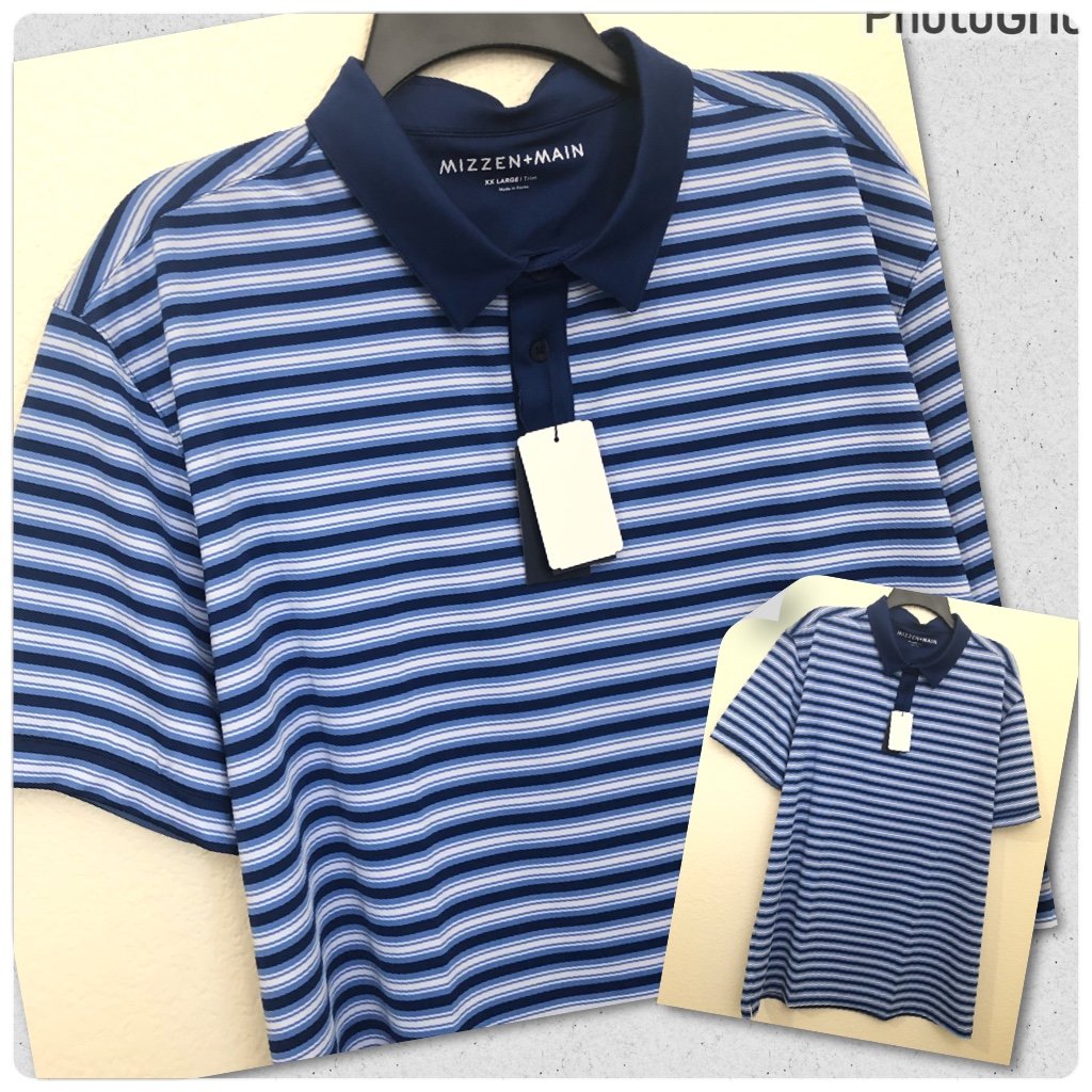 MIZZEN+MAIN Mens XXL Trim Fit Versa Polo Shirt Short Sleeve Blue Stripe NWT