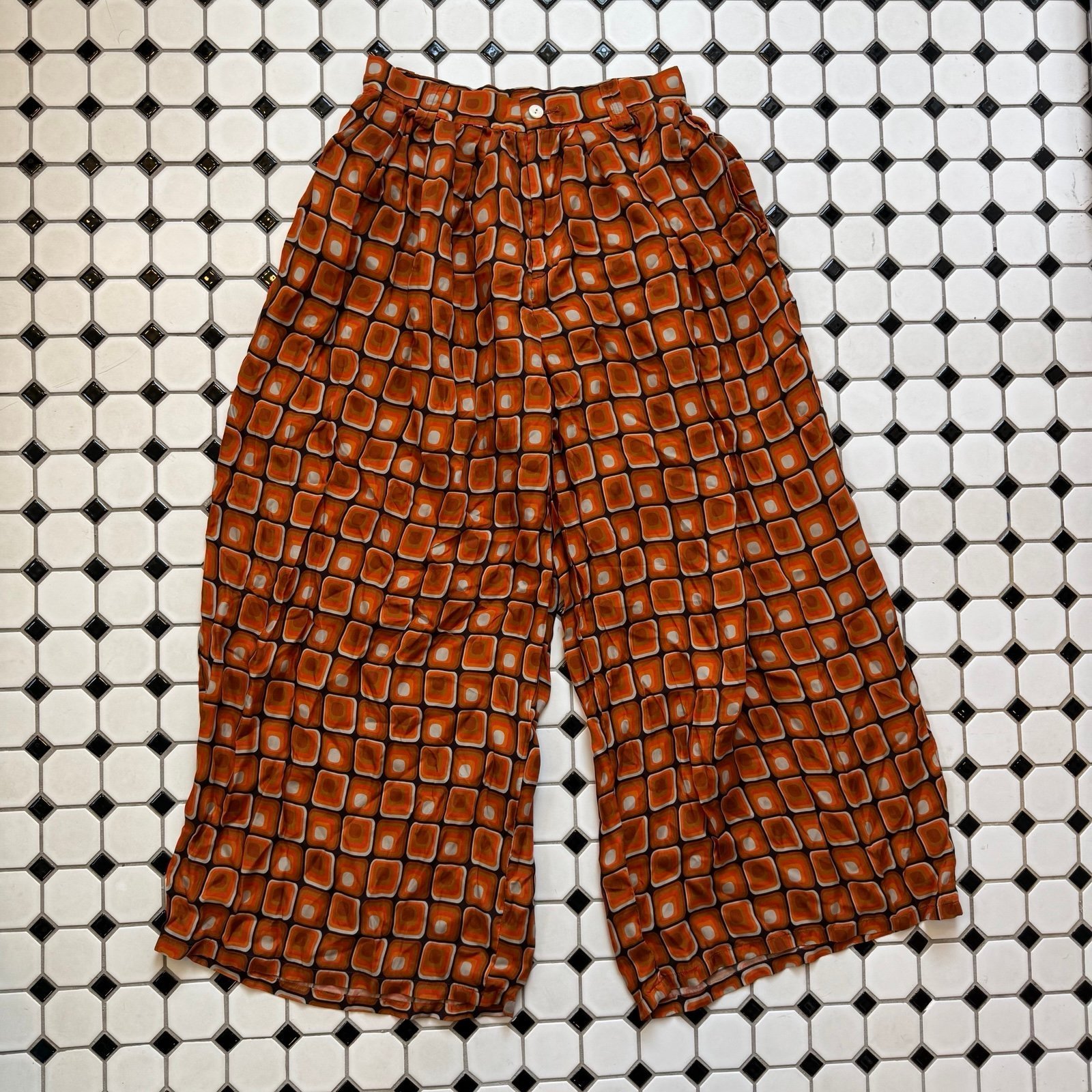Needles Nepenthes Wide Leg Silky Pants, Orange Cubes Print, Size M