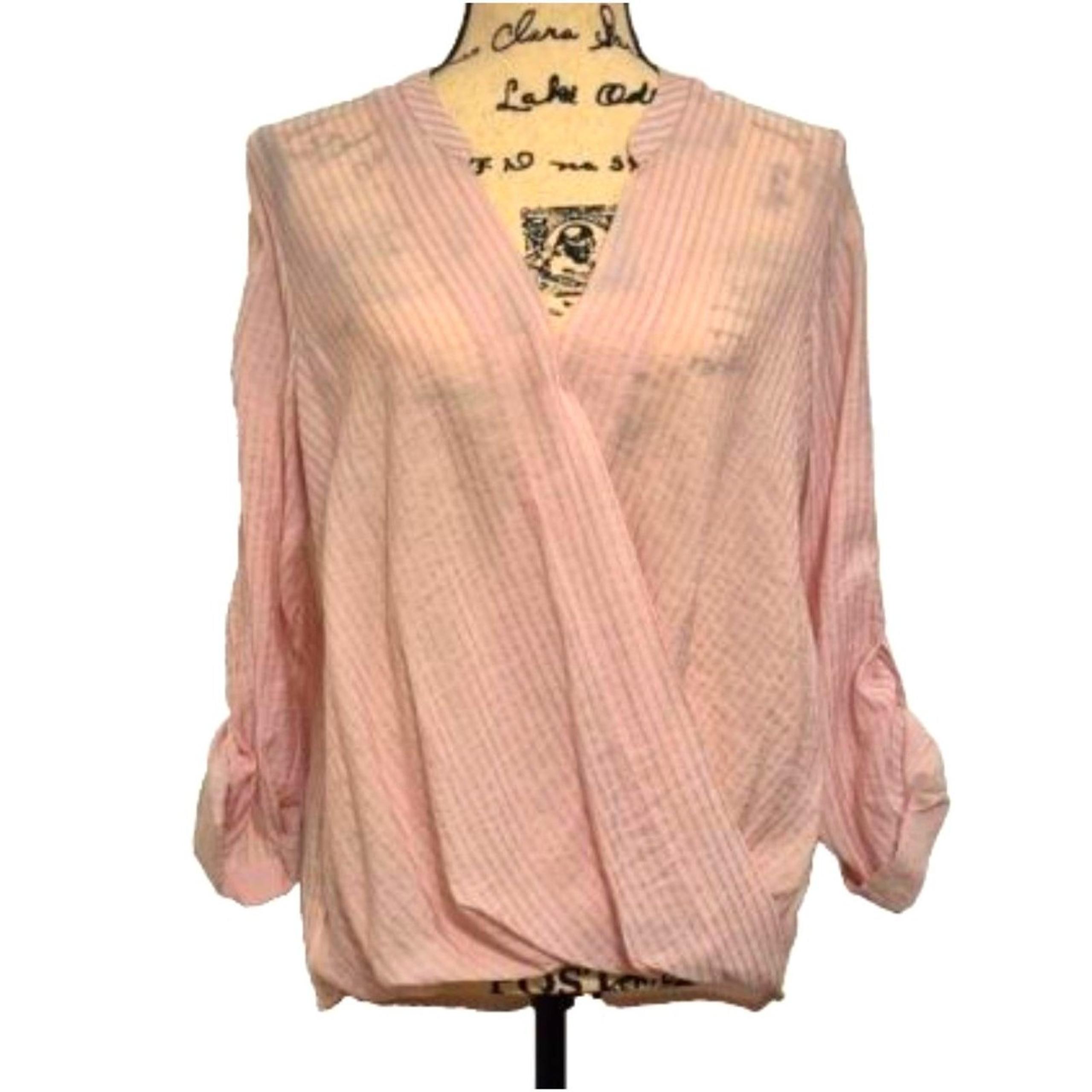 Kut From The Kloth Wrap Blouse Top M Pink Pinstripe Surplice LS Roll Tab Sleeve