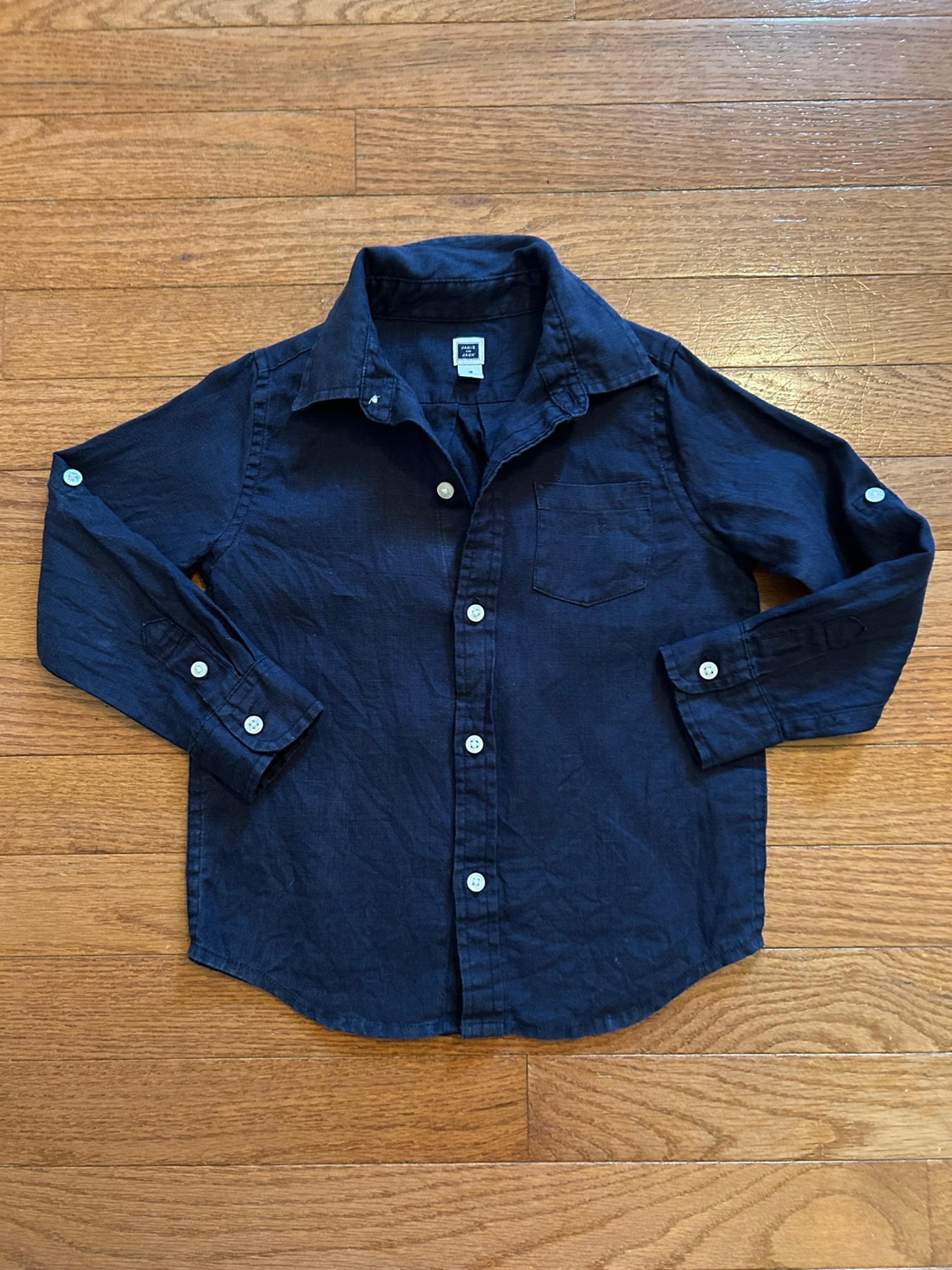 Janie and Jack 100% Linen Navy Blue Long Sleeve Button Down Shirt