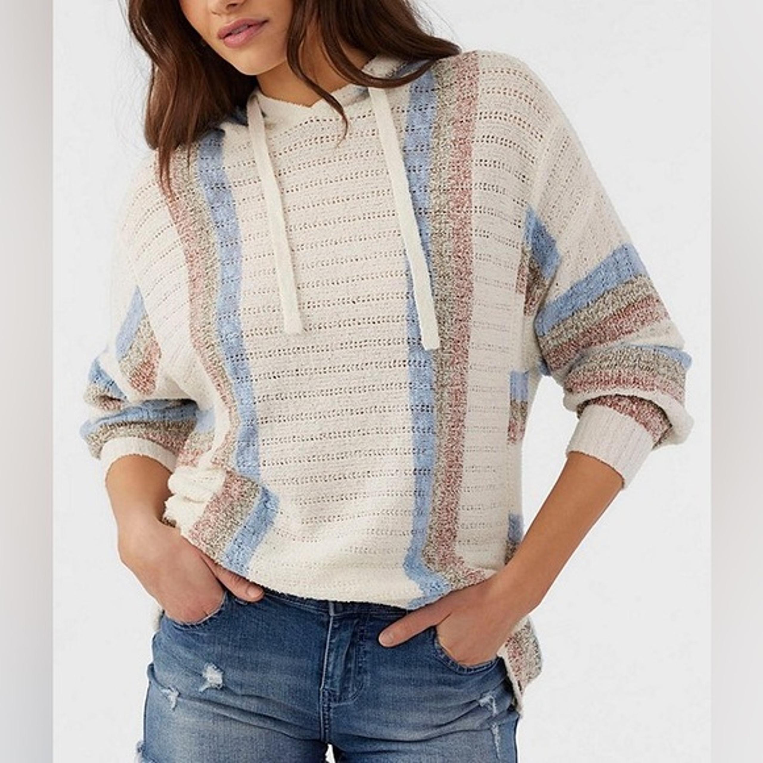 O'Neill White Cotton Knit Bethany Hooded Stripe Print Lightweight Hoodie Sweater
