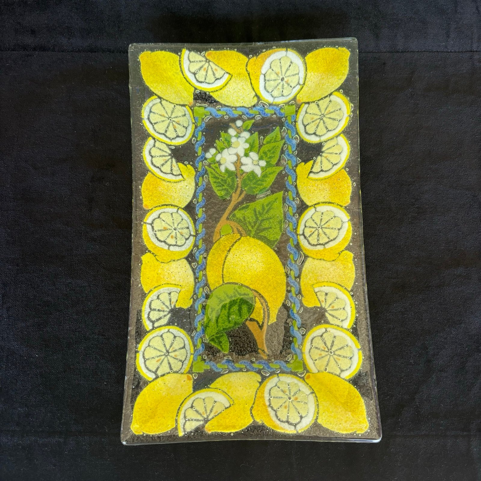 VINTAGE 02’ PEGGY KARR RECTANGULAR FUSED ART GLASS LEMON PLATE / TRAY SIGNED