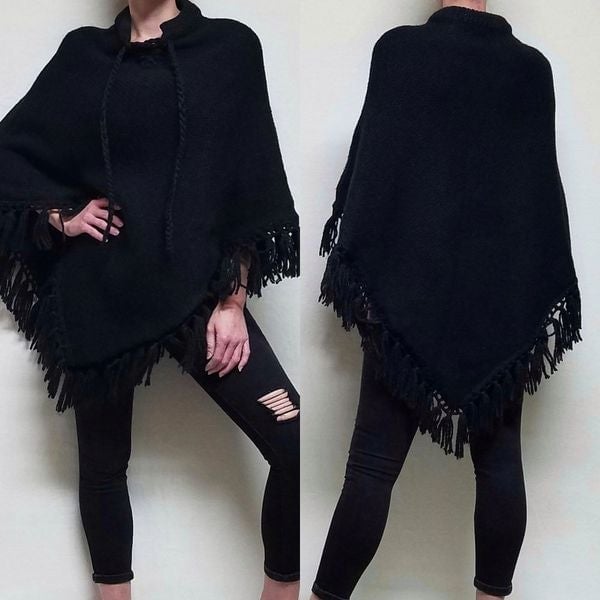 Vintage 1970s Handmade Black Chunky Knit Mock Neck Tie Neck Fringe Poncho Cape