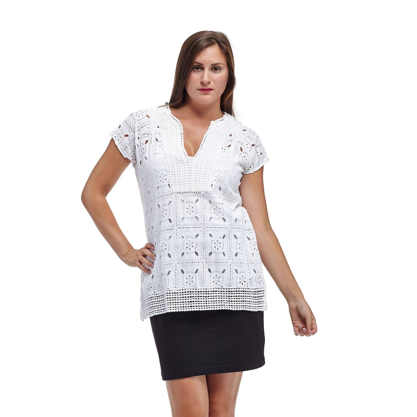 La Cera Women's Medallion Lace Tunic Top Cap Sleeve V Neck White Size S