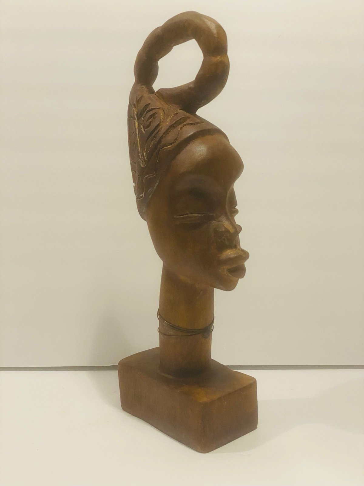 Vintage African Folk Art Wood Carved Female Bust sculpture 12”. Made from solid