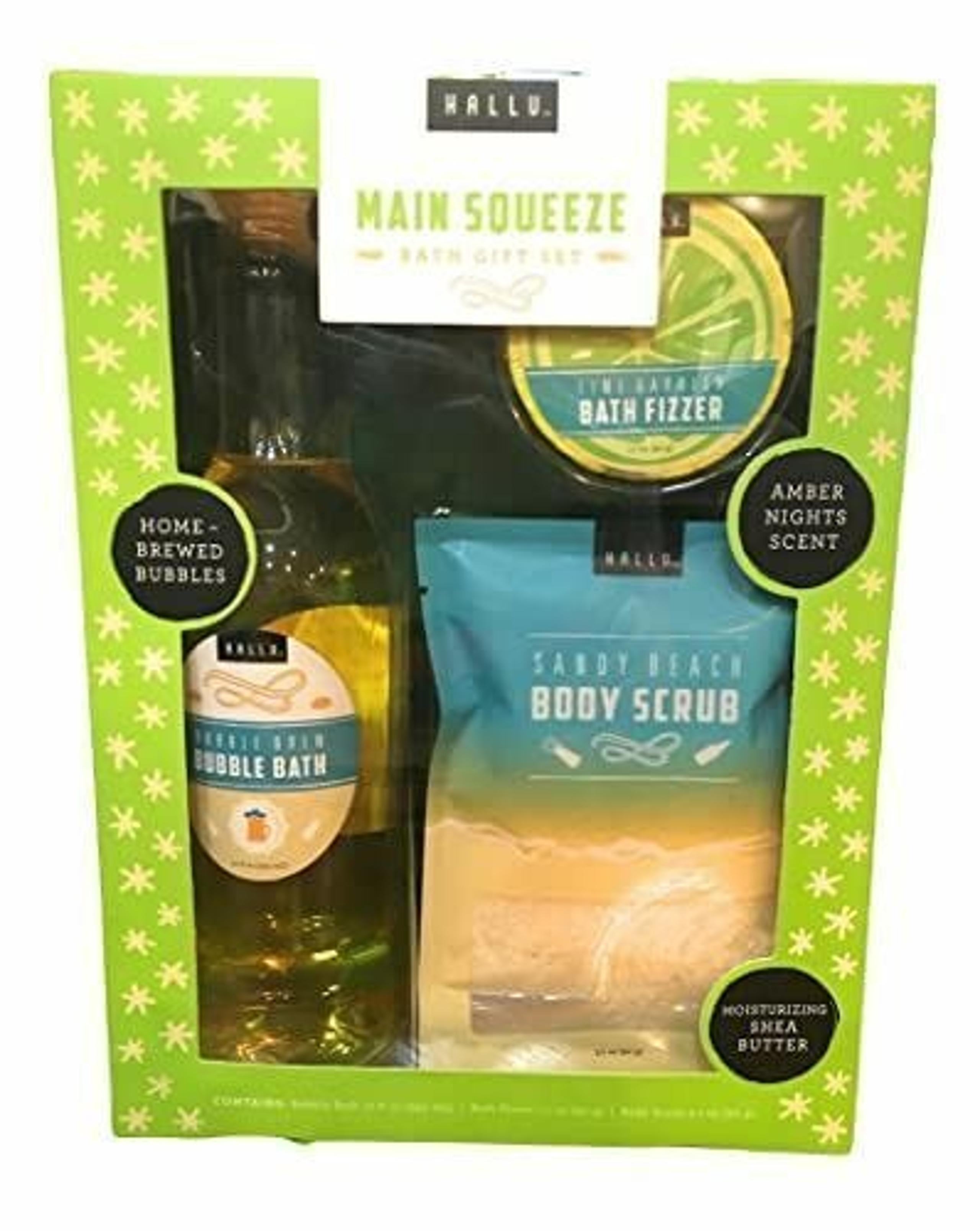 Hallu Main Squeeze Bath Gift Set - Bubble Bath, Body Scrub, Bath fizzer NEW