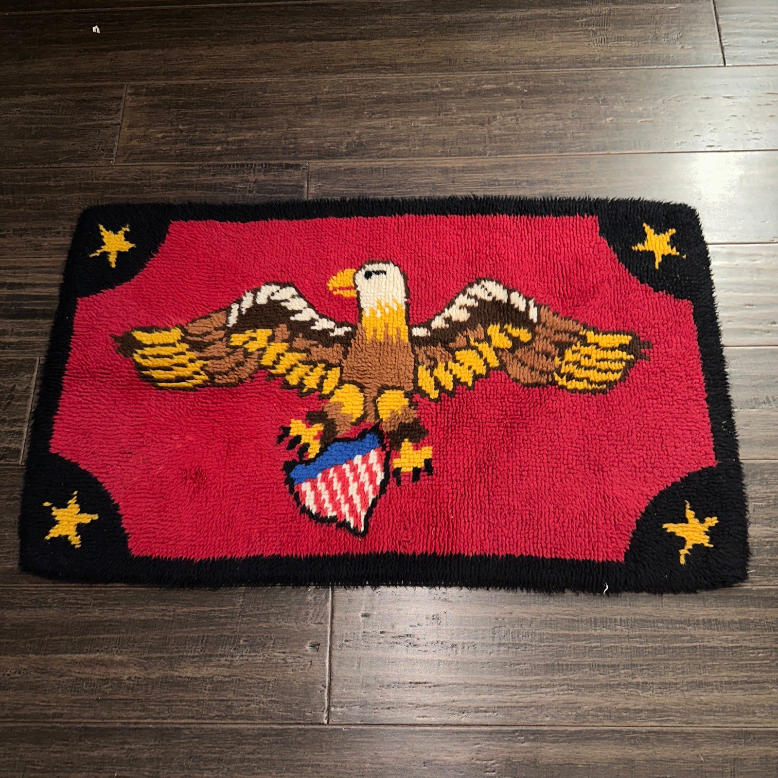 Rug Hand Crafted Retro 70s Wall Hanging Eagle Primative Orange Black Stars Hook