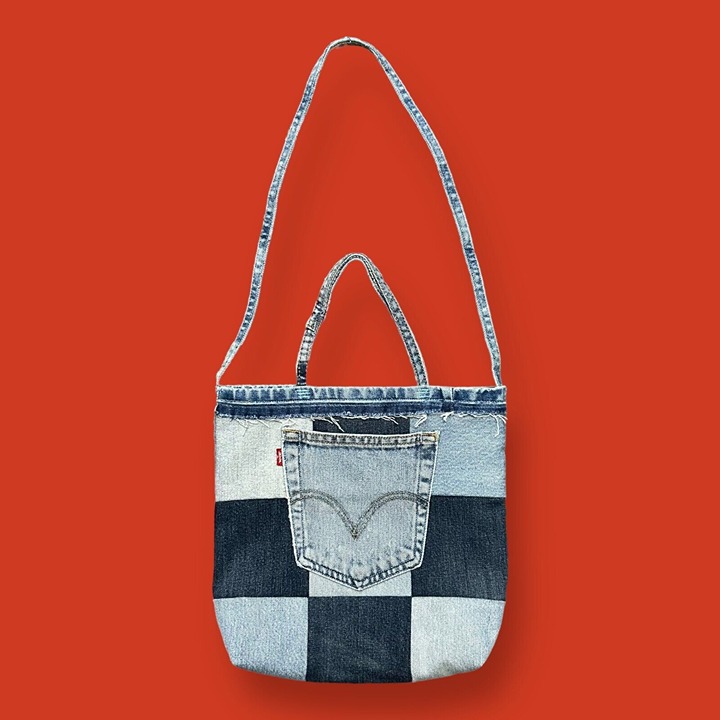 Handmade Denim Mini Bag Patchwork Tote Bag Vintage Jeans Faded Blue 3x10x12