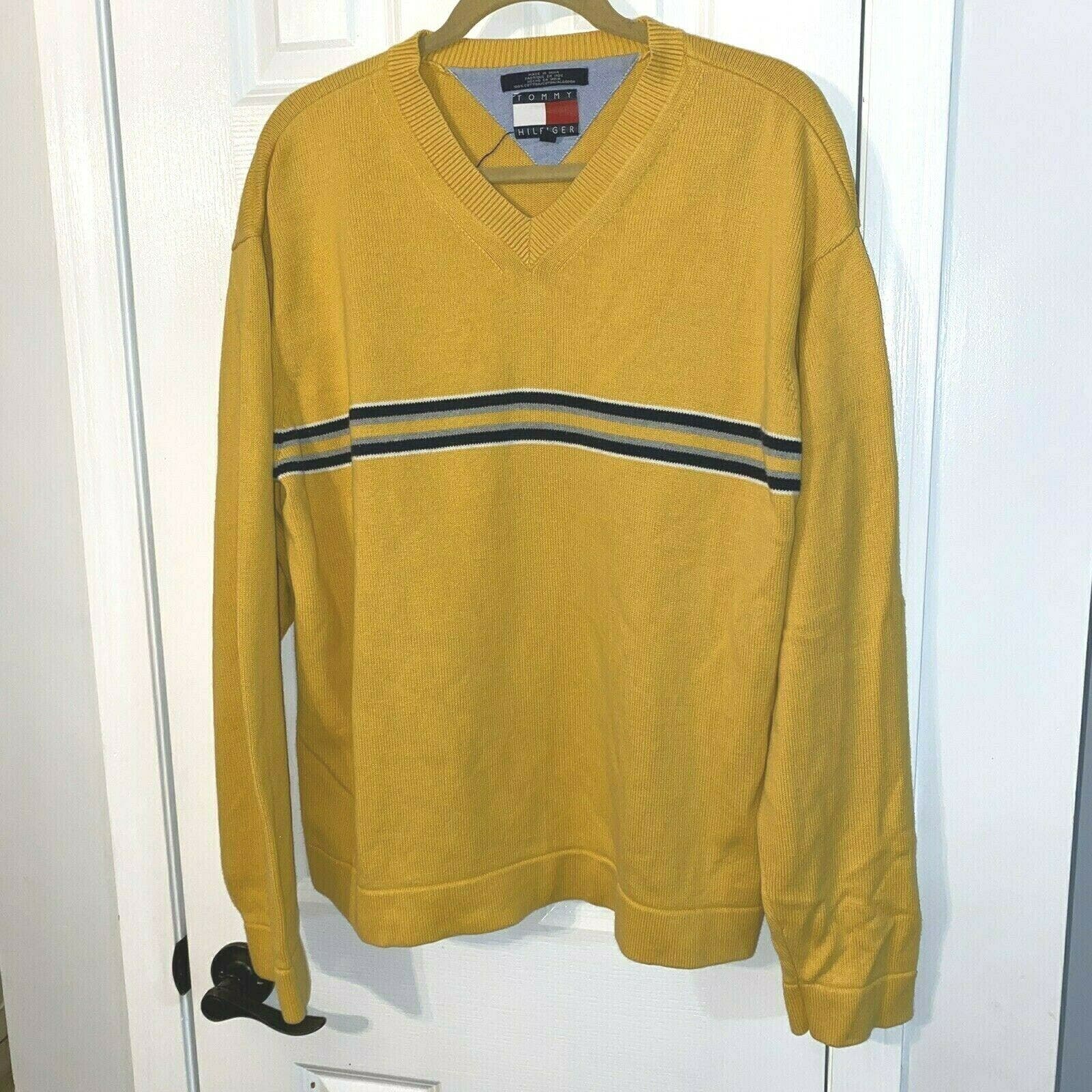 Vintage Tommy Hilfiger Yellow Knit V-Neck Sweater Men's Size XL Flag Tag
