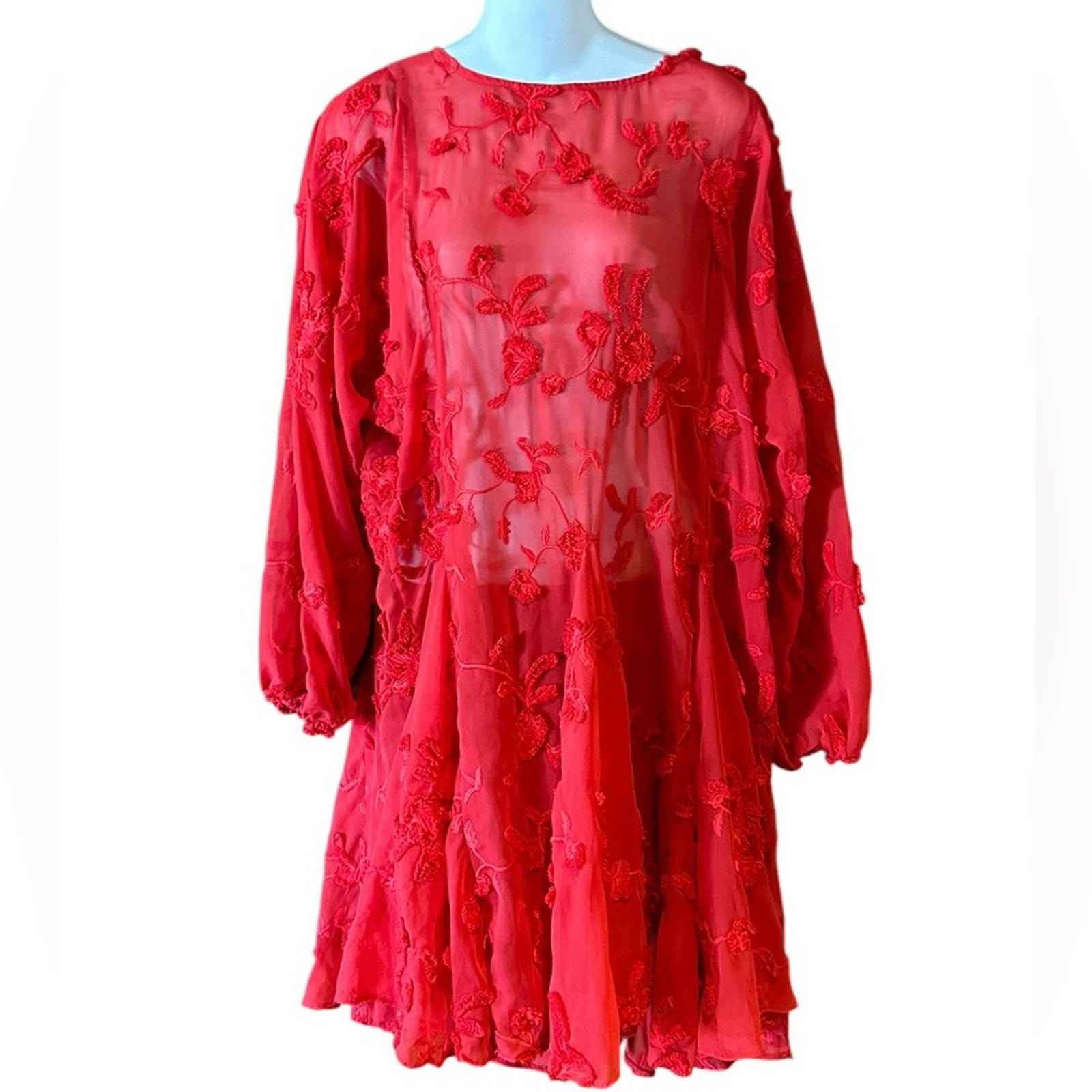 Mare Mare Women’s Medium Sheer Red Dress with Flared Skirt and Long Sleeves