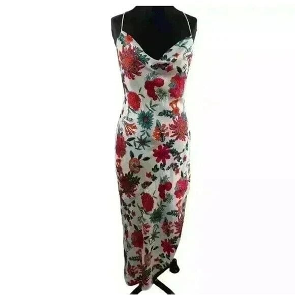 Haney Goldie Floral Silk Slip Midi Dress White Criss Cross Back 6