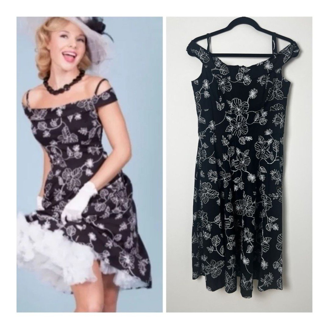 Bettie Page By Tatyana Lamour Black Embroidered Pinup Rockabilly Swing Dress XL