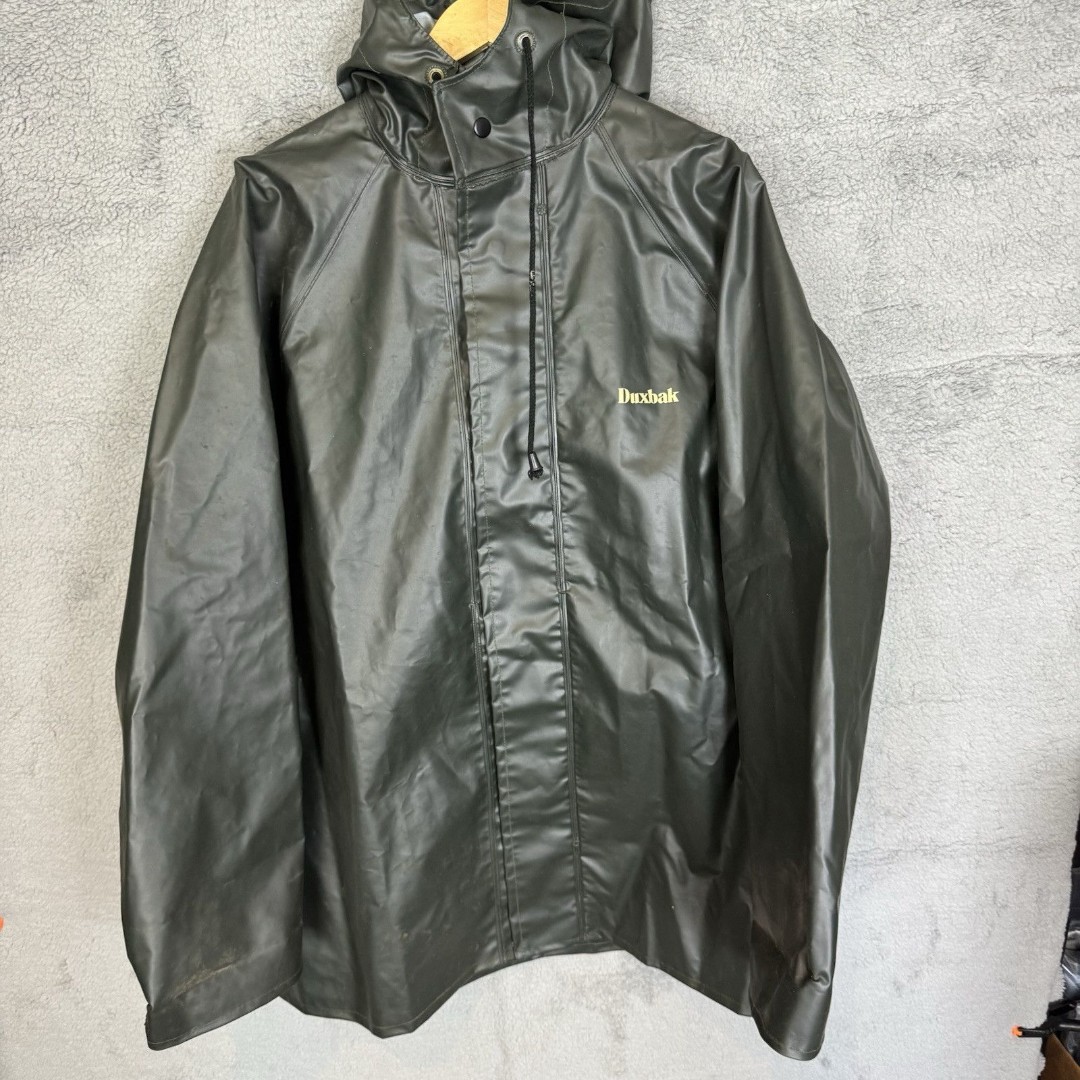 Vintage Duxbak Jacket Mens XXL Green Snap Button Hooded Rain PVC