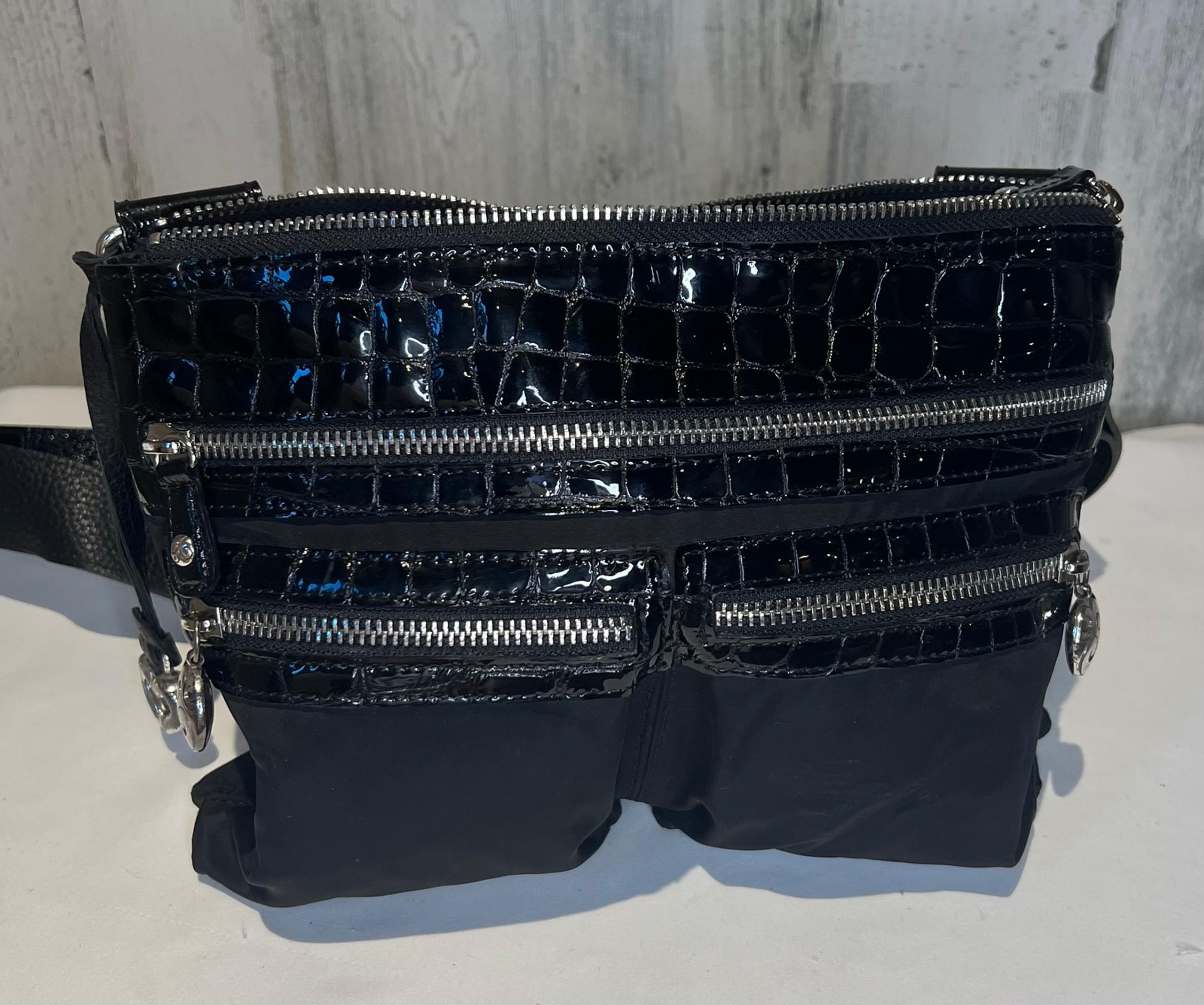 Brighton Go Go Black Leather & Nylon Crossbody Bag with Pebble Leather Strap EUC