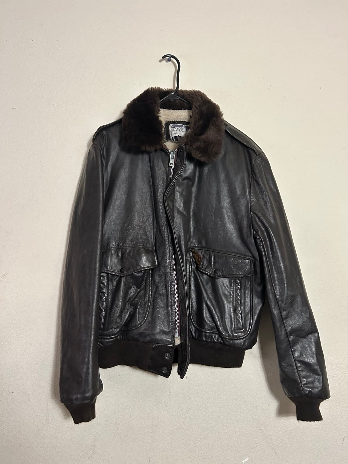 VTG 1960’s/70s SADDLE MADE IN USA SHERPA LINING BLACK LEATHER JACKET SIZE 46 XL