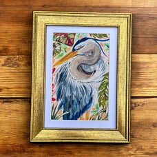 Framed coastal botanical heron wading wetland bird by the artist, me!