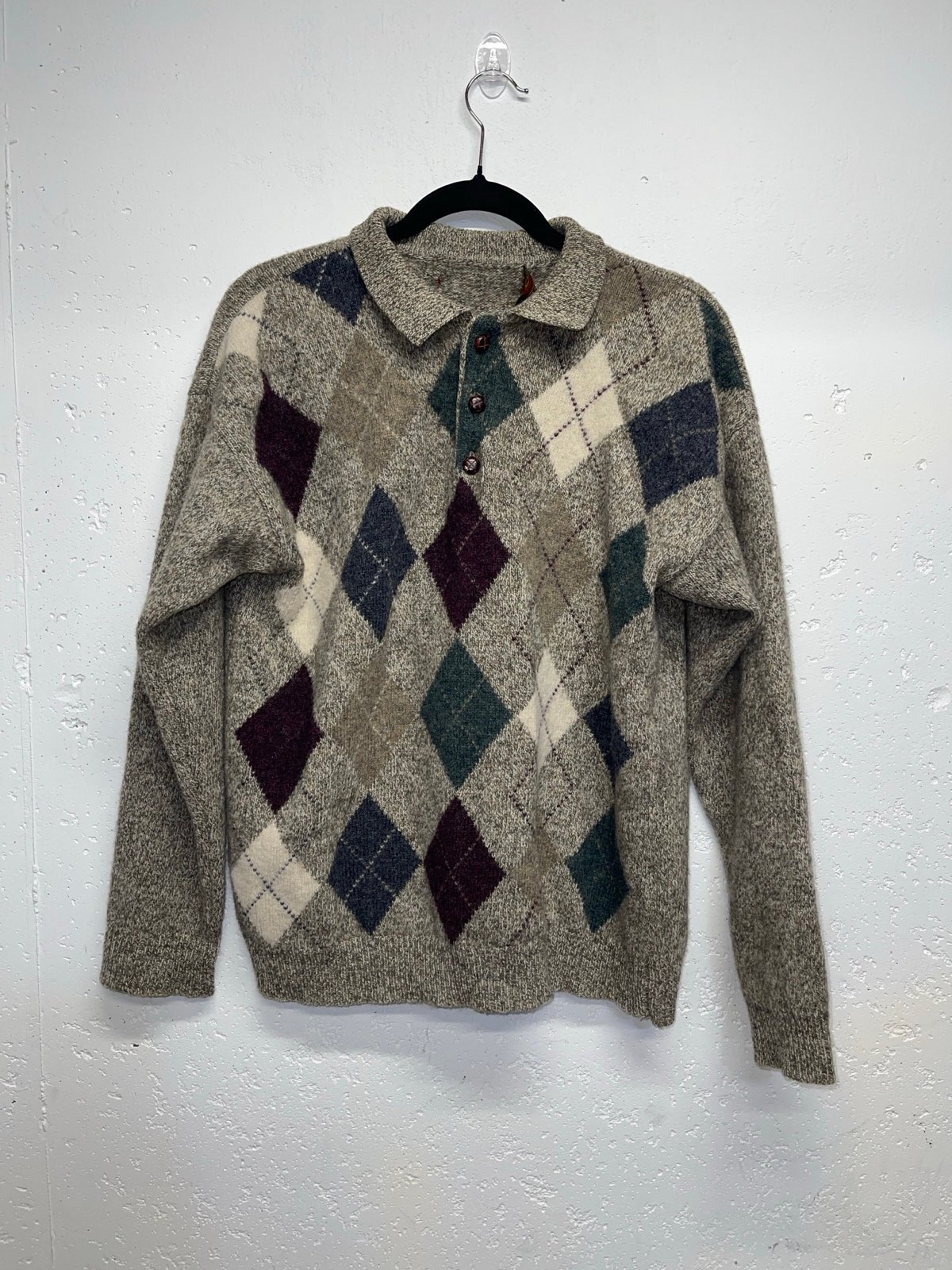University club mens button collar Argyle Shetland Wool Sweater large gray Vtg