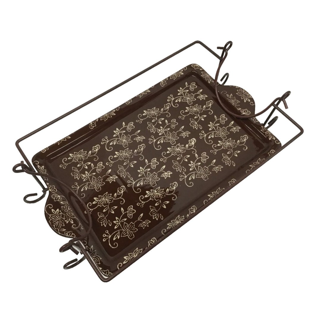 Temptations Floral Lace Brown Rectangle Baking Serving Tray with Metal Carrier